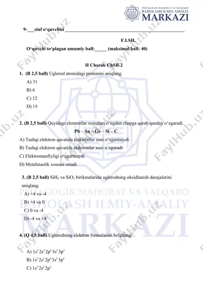 kimyo sinovi test savollari — DOCX