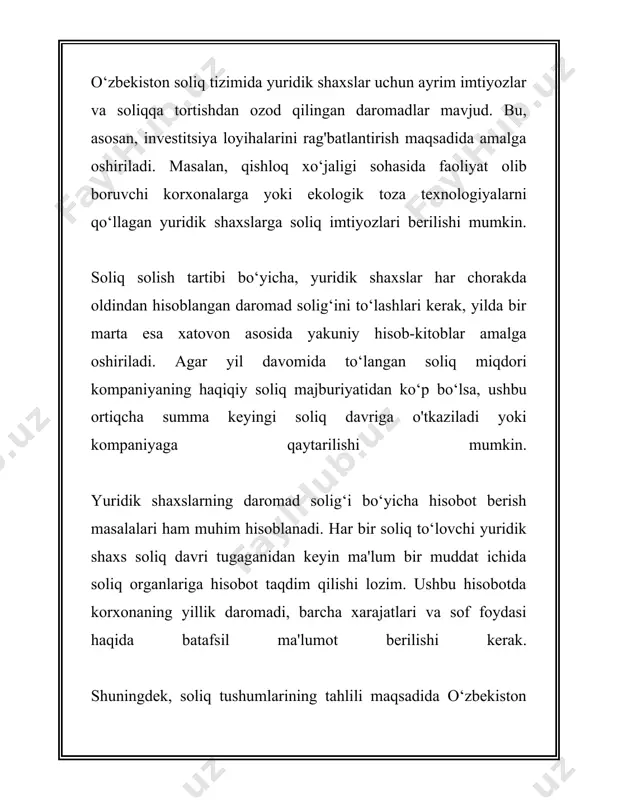 va tushumlarni qayd etadigan dasturiy ta’minot muhim ahamiyatga ega. tekshiruvlar asosida kiritilgan va kiritiladigan bonuslar, qaytaruvlar va sms invoislar davlat budjetigacha tozaligini ta’minlash uchun hal qiluvchi hisoblanadi. yuqoridagilardan tashqari, turli davlatlar turli qqs stavkalari bor. masalan: - **yevropa**: qqs stavkalari, standarti ko‘proq 19% dan 25% gacha o‘zgaradi. - **osiyo**: japan va janubiy koreyada qqs darajalari mos ravishda 10% va 10%. - **amerika**: aqshning ko‘p qismlarida qqs yo‘q, ammo ayrim shtatlar savdo soliqlarni undirishadi. - **afrika**: afrikada qqs odatda 14% — 18%. umuman, qqs daromadlari o‘zbekiston davlat budjetiga katta hissa qo‘shadi. soliqdan kelib tushgan-aniq daromadni analiz qilish, davlatga o‘z mahsulotlarini ishlab chiqarishda va xizmat ko‘rsatishda ko‘proq ehtiyotkor va aniqlik kiritishni talab etadi. qqs faol yuritish iqtisodiyotda ko‘proq barqarorlik, izchillik va hajmlarni kuzatishda muhim ro‘yxatni bajaradi. 3. yuridik shaxslar mulk solig‘i yuridik shaxslar mulk solig‘i o‘zbekiston respublikasida soliq tizimining muhim elementlaridan biri hisoblanadi. ushbu soliq turi yuridik shaxslarning mulklari ustidan undiriladi va …