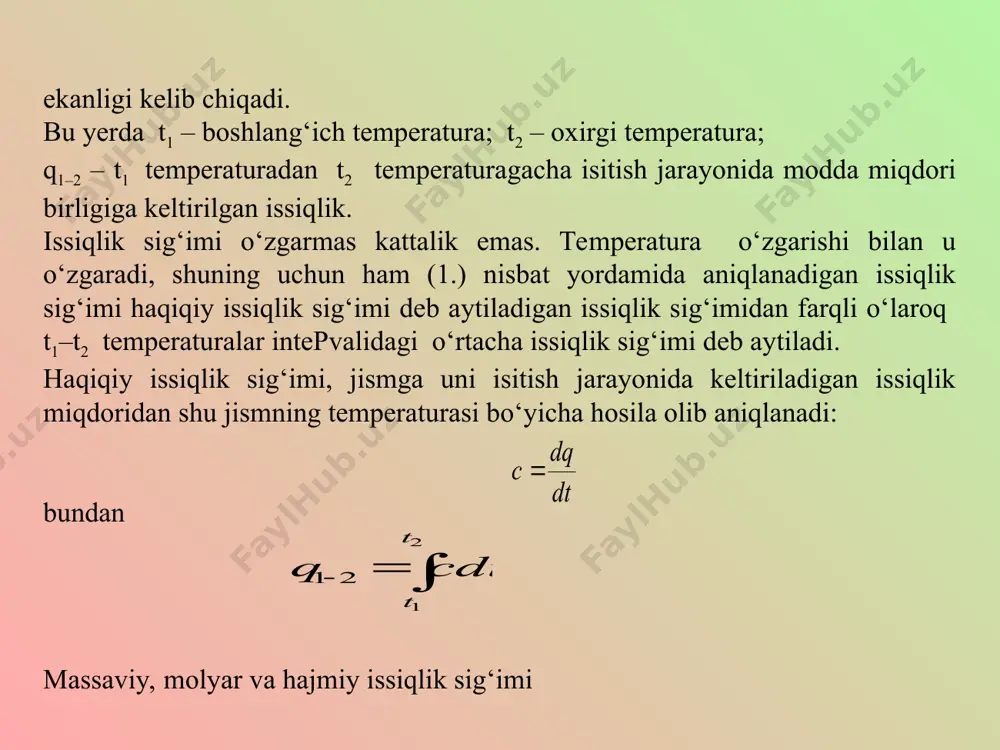 rsak quyidagi natijani olamiz: cp –cv=r=8314 j/(kmolk) yoki cp –cv=8314 j/(kmolk) cp –cv=8314 j/(kmolk) demak, barcha gazlar uchun molyar izobar va izoxor issiqlik sig‘imlari orasidagi ayirma o‘zgarmas kattalik bo‘lib, uning qiymati 8314 j/(kmolk) yoki 2 kkal/(kmolk) ga teng. real gazlar uchun cp–cv=r, chunki p=const bo‘lgan izobarik jarayonda tizim faqat tashqi kuchlarga qarshi ish bajaribgina qolmasdan, molekulalar aro mavjud bo‘lgan o‘zaro tortishish kuchlariga qarshi ham ish bajaradi. demak, p=const va v=const bo‘lgan termodinamik jarayonlarda real gaz ish bajarishi va uning ichki energiyasini orttirish uchun ideal gazga nisbatan unga ko‘proq issiqlik miqdori sarflanar ekan. statistik fizika usullaridan foydalanib, ko‘pchilik moddalarning issiqlik sig‘imlarini nazariy usul bilan hisoblash mumkin. buning uchun molekulaning bitta erkinlik darjasiga to‘g‘ri keladigan k t energiyasidan foydalaniladi va bir, ikki va ko‘p atomli gazning bir mol miqdoriga mos keluvchi issiqlik sig‘imlari topiladi. 1.2-jadvalda ideal gazlarning issiqlik sig‘imlari keltirilgan. termodinamikada o‘zgarmas bosim va hajmdagi issiqlik sig‘imlari o‘rtasidagi nisbatdan keng foydalaniladi. bu …
