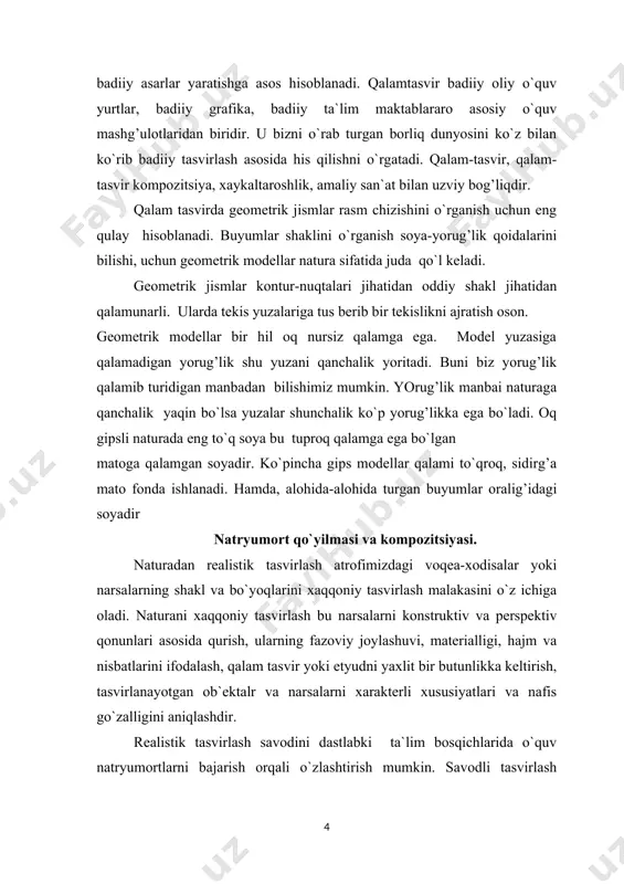 ni, perspektiv va konstruktiv kurilish, shaklning soya yorug’ligi va qalamda tasvirlanish, tasvirlanayotgan narsalarning fazoviy uzoqlashishdagi xolati va materialligi, tus va qalam munosabatlari, manzara va interer, inson boshi va qomatini tasvirlashdagi birlik va uyg’unlik hisoblanadi. badiiy akademiyaning raisi t.qo`ziev o`quv jarayonida natryumortni muxim ekanligini ta`kidlab: “natryumort-shunday zaminki, unda badiiy maktab mustaxkam joylashgan bo`lishi kerak”-deydi. natryumort xona ichida, ochiq havoda, soyada va quyoshda, tabiiy va su`niy yorug’lika tasvirlash lozim. bu esa o`z navbatida o`quv va ijodiy vazifalarni samarali amalga oshirishga puxta zamin yaratadi. natryumortni amaliy tasvirlashning dastlabki bosqichida biroz soddaroq, so`ngra esa narsa va buyumlarning bir guruhini tasvirlash kerak. narsalarning bir guruh yig’ilganini tasvirlash uchun natryumort kompozitsiyasini to`g’ri tashkil etish muhimdir. u ikki jihat asosida tuziladi: natura qo`yilmasini tashkiliy qismi naturaga nisbatan qo`yilmasini tashkiliy nuqtasini aniqlash va qog’oz yuzasida qo`yilmani tasvirlash. o`quv natryumort qo`yilmasini tuzishda quyidagi qonun-qoidalarga rioya qilish kerak. xar bir qo`uv natryumortining mazmuni qalamtasviry dasturida ko`rsatilgandek aniq maqsad va vazifaga …