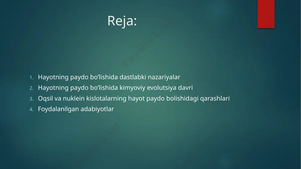 r avj oldi. 1924-yilda rus biokimyogari a.i.oiarin, keyinroq angliya biokimyogari va genetigi j.xoldeyn (1929) tomonidan tabiatshunoslik fanlari toʻplagan dalillarni umumlashtirish asosida hayotning paydo boʻlishib.ni uglerod birikmalarining uzoq davom etgan evolyuniyasi tariqasida talqin qiladigan gipote-za taklif etildi. bu gipoteza hayotning paydo boʻlishib. toʻgʻrisidagi hozirgi tasavvurlarning asosini tashkil etadi. bu gipotezaga binoan yerda hayotning paydo boʻlishib. jarayonini shartli ravishda 4 davrga boʻlish mumkin: birlamchi atmosfera gazlari hisobidan past molekulali organik birik-malar monomerlarining sintezi; monomerlar polimerlanib, oqsil va nuklein kislotalar zanjirini hosil qilishi; tashqi muhitdan membranalar bilan ajralib turadigan sistemalarning hosil boʻlishi; tiriklikka xos boʻlgan xususiyatlar, jumladan kimyoviy va metabolitik xossalarning kelgusi nasllarga oʻtkazilishiga imkon beradigan reproduktiv ap-paratga ega boʻlgan sodda hujayraning paydo boʻlishi. dastlabki 3 davr hayotning paydo boʻlishi b.dagi kimyoviy evolyutsiya, oxirgi 4-davr esa biologik evo-l yu s i ya deyiladi. hayotning paydo boʻlishib.dagi kimyoviy evolyutsiya davri. moddalarning kimyoviy evolyutsiyasini amerika olimlari s.miller va g.yuri 1953-yilda modelli eksperi-mentlar orqali tasdiqlab berishdi. …