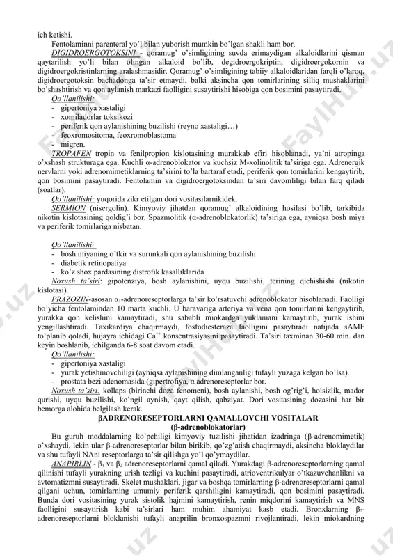 t yozishni bilish talaba uchun xususiy farmakalogiya bo’limini o’tishi zarur. adrenoblokator va simpatolitik vositalar klinik tibbiyotda keng qo’llaniladigan vositalar bo’lib (terapiya, kardiologiya), ularning patologik holatlarda qo’llanilishini, resept yozishni bilish talaba uchun xususiy farmakologiya bo’limini o’tishda zarurdir. 4. fanlararo va fan ichidagi aloqalar ushbu mavzuni o`qitish talabalarning biokimyo, anatomiya, normal va patologik fiziologiya fanlaridan olgan bilimlariga asoslanadi. dars davomida olgan bilimlari ular terapiya, kardiolo giya, akusher-ginekologiya va boshqa klinik fanlar, shuningdek, xususiy farmakologiya bo’limida gipotenziv vositalar bo’limini o’zlashtirishda foyda beradi. 5. nazariy qism 5.1. nazorat uchun savollar. 1. adrenoblokatorlarning tasnifi. 2. ά – adrenoblokatorlarni qo’llash uchun ko’rsatmalar. 3. ά – adrenoblokatorlarning nojo’ya ta’sirlari. 4. β – adrenoblokatorlarni qo’llash uchun ko’rsatmalar. 5. β – adrenoblokatorlarning nojo’ya ta’sirlari. 6. simpatolitiklarning ta’sir mexanizmi? 7. simpatolitiklarning qo’llanilishi? 8. rezerpinning nojo’ya ta’sirlari? 9. ά va β adrenoblokatorlarni qo’llash uchun ko’rsatmalar. 10. ά va β – adrenoblokatorlarning nojo’ya ta’sirlari. 5.2. mashg’ulot mazmuni adrenoreseptorlarni qamallovchi vositalar (adrenoblokatorlar) bu …