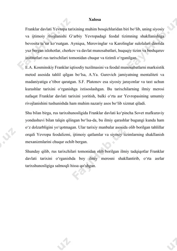 нков (annales regni francorum) – источники по истории каролингов. пер. и комм. и.п. шаскольского. 8. капитулярии карла великого – переводы и комментарии. москва, 1981. 9. данилевский и.н. – “средневековая европа: цивилизация и варвары”, москва, 2010. 10. история европы. том 1: европа в средние века, под ред. л. брейли, москва, 1994. internet manbalari: 1. https://cyberleninka.ru 2.https://elibrary.ru 3.http://www.hrono.ru 4.https://ru.wikipedia.org 5.https://historik.ru 6.https://runivers.ru /docprops/thumbnail.emf mavzu: franklar davlati tarixiga oid rus tarixchilarining ilmiy tadqiqotlar kalit so`zlari: franklar davlati, merovinglar, karolinglar, karl buyuk, rus tarixchilari, e.a. kosminskiy, a.ya. gurevich, s.f. platonov, i.p. shaskolskiy, o‘rta asr yevropasi, feodalizm, nasroniylik tarixi, cherkov va davlat, tarixiy manbashunoslik, tarixiy-antropologik yondashuv, karl martell islohotlari, gregoriy turlik, salik qonuni, marksistik metodologiya, yevropa siyosiy tarixi. anotatsiya mazkur maqolada franklar davlatining tarixiy taraqqiyoti va ushbu davlatning merovinglar hamda karolinglar sulolalari davrida bosib o‘tgan yo‘li rus tarixchilari tomonidan qanday ilmiy asosda tadqiq etilgani tahlil qilinadi. ayniqsa, karl buyuk (karl velikiy) davridagi siyosiy islohotlar, feodalizmning shakllanishi, …