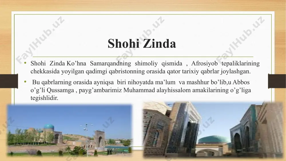 isoblanadi. binoda 11 yoshida vafot etgan amir temurning jigargo’shalaridan biri shodimulk oqo dafn etilgan.bu binoni amir temurning opasi turqon oqo vafot etgan qiziga atab qurdiradi. 1383 yilda o’zi ham shu erga dafn etilgan.maqbarada go’zal naqsh va yozuvlar o’z aksini topgan. yozuvning birida shunday so’zlar bitilgan: “bu jannatiy bog’dir va unda tol’e xazinasi ko’milgan. bu qabrda qimmatbaho marvarid yashirilgan. unda sarvqad nazokatli yotibdi, shu sababli, bu joyni jannatga qiyoslash mumkin. bu o’liklar orasida garchi uning uzugida qudratlilik muhri bo’lsa-da, sulaymonday odam g’oyibga ravona bo’ldi”. binoning ustalari zayniddin va bahriddin ekanligi ta’kid etilgan. boshqa bir yirik jimjimador kitobada shunday deyilgan: “ushbu shirtdat muqarnaslarga to’la gumbaz va zarhal peshtoqlarni zayniddindan xotira deb bilgil. bu maskanda ko’rib turgan har bir san’at va mahorat ijodkor yaratuvchining marhamatidir”. maqbaraning ichki tomonlari yanada hashamatli va ziynatlidir. tug’li tekin maqbarasi bu muqaddas joyda orom topgan navbatdagi marhum amir husayn bo’ladi. maqbara peshtoqiga, sag’ona ustiga, hijriy 777 yil sanasi …