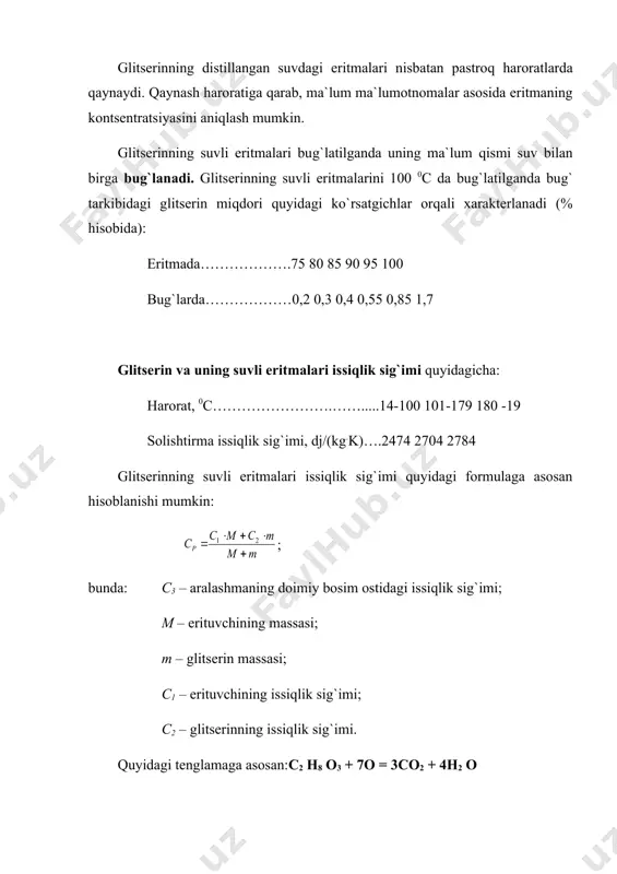 ilgan. glitserinning kimyoviy xossalari glitserinning gidroksil guruhlari uning bir qator reaktsiyalarda qatnashishiga sabab bo`ladi. glitserindagi gidroksil guruhlarining reaktsion qobiliyati bir xil emas, (-gidroksilning reaktsiyaga moyilligi ( - va (1 -gidroksillarnikiga nisbatan past. ishqoriy metallar bilan glitserin alkogolyatlar hosil qilishi mumkin, masalan: 2ch2oh – choh – ch2oh + 2 na = 2ch2ona – choh – ch2oh +h2 bunday alkogolyatlarni glitseratlar deb atashadi. ishqoriy metallarning mono – va diglitseratlari ham hosil bo`lishi mumkin. kontsentrlangan ishqoriy eritmalar va glitserin ta`sirlashuvi natijasida ham glitseratlar hosil bo`lishi mumkin: cн2oh–cнoh–cн2oh +2 naoн ( cн2oн–cнoh–cн2ona +h2o kal’tsiy oksidi bilan glitserin kal’tsiy glitserati cн2oн–cнo –cн2o ca qo`rg`oshin oksidi bilan esa qo`rg`oshin glitserati c3 n6 o3 rb hosil qiladi. ba`zi bir metallar, masalan, rux, mis, nikel’, kobal’t kabilarning gidroksidlari yoki sulfatlari bilan glitserin glitserinatlar deb atalmish kompleks birikmalar hosil qiladi. glitserin uch atomli spirt sifatida mono-, di-, va triatsilglitserinlar hosil qilishi mumkin. masalan, organik kislotalar bilan qizdirilganda ushbu turdagi …