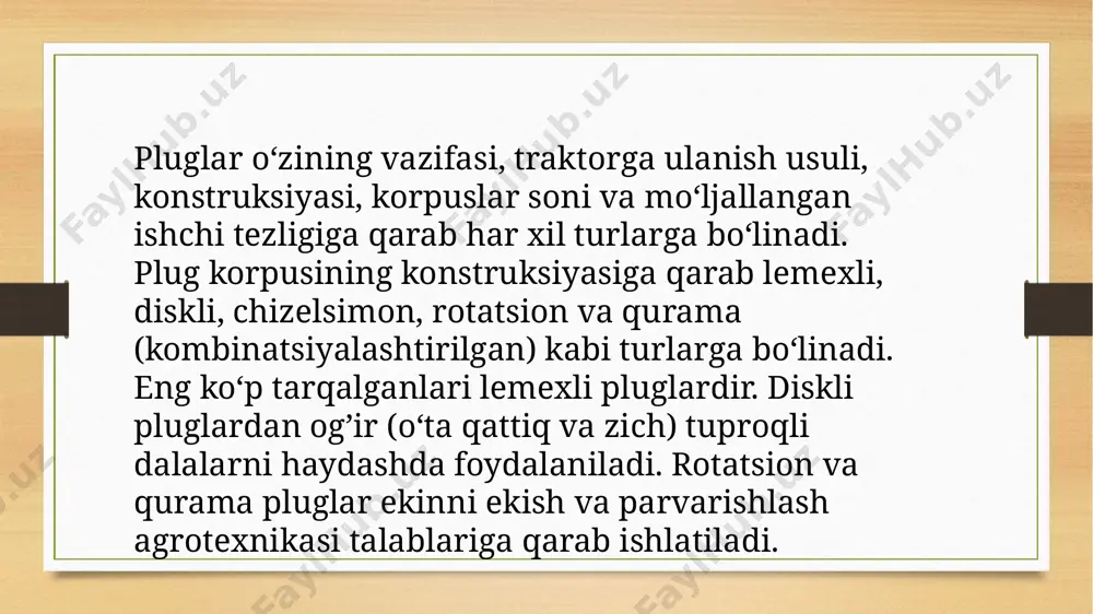 hadigan ildizlarni chimqirqar asosiy korpusdan oldin kesib olishi kerak. shu sababli chimqirqar asosiy korpusning oldiga, ya’ni haydalmagan dala tomoniga (agar korpus tuproqni o‘ng tomonga ag’daradigan bo‘lsa, uning chap tomoniga) o‘rnatiladi. chimqirqar begona o‘tlar ildizlarini asosiy qismi joylashgan sathidan birmuncha pastroq, ya’ni sharoitga qarab a1=8-12 sm chuqurlikda kesib olishi kerak. bedapoya haydalganda esa chimqirqar beda ildizlaridagi azotli tugunaklarni kesib ketadigan chuqurlikda (a1=7-10sm) o‘rnatiladi. lekin a1>12sm bo‘lsa, shudgor tubiga to‘ntarilib tashlangan serildiz qatlamning ustini to‘liq ko‘mish uchun asosiy korpus tashlayotgan tuproq miqdori yetmasdan qolib, yomon ko‘milishi mumkin. agar a1>8sm bo‘lsa, chimqirqar lemexi eng serildiz sathida harakatlanib, ildizlarni to‘liq kesib ololmasdan, tuproqni uyumlab surib yuradi, plugning sudrashga qarshiligi ortib ketadi 2-rasm korpus plugning asosiy ishchi qismidir. u a chuqurlikdagi va b kenglikdagi palaxsani yerdan ajratib oladi va uni 130°-150° burchakka burib ag’daradi. burib ag’darish natijasida tuproq palaxsasi deformatsiyalanib, maydalanadi, shudgorlangan tomonga a masofaga suriladi. shudgorlash sifati korpus ishchi sirtining geometrik shakli va o‘lchamlariga …