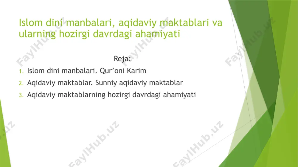 – aqidaviy maktablar bugungi kunda din va ilm-fan o‘rtasidagi munosabatlarni tushuntirishga yordam beradi. musulmonlar o‘rtasidagi birlik – moturidiylik va ash’ariylik kabi yo‘nalishlar sunniylik ichida birlik va barqarorlikni ta’minlab kelmoqda. ekstremizmga qarshi kurash – salafiylik va boshqa harakatlar ekstremistik oqimlar ta’sirida bo‘lishi mumkinligi sababli, an’anaviy aqidaviy maktablar dinning to‘g‘ri talqin qilinishida muhim rol o‘ynaydi. zamonaviy huquqiy va ijtimoiy masalalar – islom aqidasi hozirgi huquqiy va ijtimoiy muammolarga javob berishda, odilona jamiyat qurishda muhim omil bo‘lib xizmat qiladi. islom dini manbalari, islom dini o‘z e’tiqod va amaliyotlarini asosan quyidagi to‘rtta manbaga asoslaydi: 1 qur’oni karim qur’oni karim islomning asosiy va eng muqaddas manbasi hisoblanadi. u alloh tomonidan payg‘ambar muhammad (s.a.v.) ga jabroil farishta orqali 23 yil davomida nozil qilingan. qur’on musulmonlarning hayoti, axloqi, ibodatlari, jamiyat tuzilishi va huquqiy masalalarida asosiy yo‘riqnoma hisoblanadi. u 114 suradan iborat bo‘lib, insoniyatga hidoyat bo‘lishi uchun yuborilgan. 2. hadis va sunnat hadis – payg‘ambar muhammad (s.a.v.) ning …