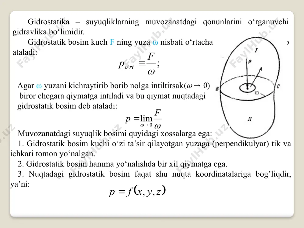 ni yozamiz: bu yerda:z1 – ixtiyoriy nuqtaning koordinatasi; pа – ixtiyoriy nuqtadagi bosim; z2 – suyuqlik sathining koordinatasi; p0 – suyuqlik erkin sirti dagi bosim bo‘lib, tashqi bosim deb yuriti­ladi. yuqoridagi tenglamadan ixtiyoriy nuqtadagi bosim quyidagicha aniqlanadi: z2 – z1 = h deb belgilab, bu yerda: pa – ixtiyoriy nuqtadagi bosim, yoki absolyut bosim deyiladi; р0 – tashqi bosim; - og'irlik bosimi. formulaga ixtiyoriy nuqtadagi bosimni aniqlash formulasi deyiladi. agar ixtiyoriy а nuqtaga pyezometr (pyezometr – bosim o‘lchaydigan as­bob) ulasak, pyezometrda ko‘tarilgan suyuqlik balandligi pyezometrik balandlik deyiladi va quyidagicha aniqlanadi: bu yerda: pa – atmosfera bosimi bo‘lib, amaliy ishlarda miqdori 1 at yoki 105 pa deb qabul qilinadi. manometrik va vakuummetrik bosimlar amaliyotda bosimni xarakterlash uchun manometrik va vakuummetrik bo­sim tushunchalaridan foydalaniladi. agar ixtiyoriy nuqtadagi bosim, atmosfera bosimidan yuqori bo‘lsa ра>ра, atmosfera bosimidan yuqori bo‘lgan qismiga manometrik bosim deyiladi va quyidagicha hisoblanadi: bu yerda: рм – manometrik bosim; ра – …