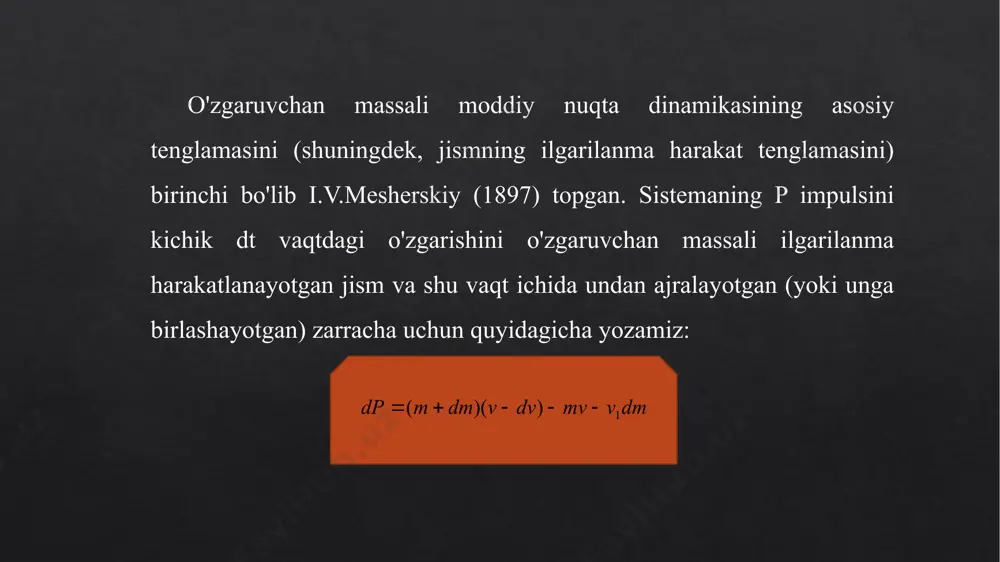 ’i va oksidlovchi modda bilan to'lqizib qo'yilgandagi yig’indi massasi), u holda raketaning maksimal tezligini (28) ni integrallash yo'li bilan topish mumkin: bu formulani siolkovskiy formulasi deyiladi, maks - raketaning xarakteristik tezligi deyiladi. haqiqatan yerning tortishi va atmosferaning aerodinamik harshiligining ta'sirida yoqilg’i to'liq yonib bo'lgan paytda va dvigatelning ishlashi to'xtaganda raketaning tezligi deyarli xarakteristik tezlik (29) dan kichik. qator texnik qiyinchiliklar tufayli reaktiv va raketa texnikasining keng-ko'lamda o'sishi faqat ikkinchi jahon urushi davrida va asosan urush tamom bo'lgandan keyin boshlandi. reaktiv dvigatellarni aviatsiyada qo'llash samolyotlarning tezligini, uchish uzoqligini va yuk ko'tarish kabi xususiyatlarini bir necha marta ko'paytirish imkonini berdi. raketa texnikasi, uning asosida yer sun'iy yo'ldoshlari, boshqariladigan kosmik kemalar, arbital va planetalararo stantsiyalarni uchirish mumkinligiga asos bo'lib qoldi. адабиётлар : 1. i.v.savelev. umumiy fizika kursi. 2. r.i.grabovskiy. fizika kukrsi. 3. ismoilov m., habibullayev p., xaliulin m. fizika kursi. 4. abdullayev g. fizika. 5. savelev i.v. «umumiy fizika kursi» 6. savelev i.v. …