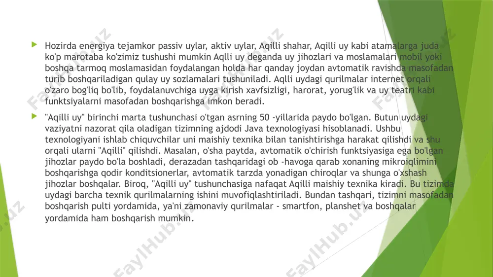 chaki ajoyib. hamma narsani bitta tizimdan boshqarish juda qulay. uyni avtomatlashtirishni boshqarishning yana bir usuli - bu ilova. ilova xuddi markaz kabi uyingizga buyruq berishga yordam beradi. yengil avtomatlashtirish yorug'likni avtomatlashtirish ikkita variant bilan ta'minlangan. birinchidan, siz ilova tomonidan boshqariladigan aqlli kalitlarni o'rnatishingiz mumkin. siz hatto yorug'likni o'chirib qo'yishingiz mumkin. ikkinchi variant - aqlli lampalarni o'rnatish. bu lampalar yordamida yorug'likni osongina avtomatlashtirishingiz mumkin. birinchi variant arzon, lekin o'rnatishda qiyinchiliklar mavjud. ikkinchi variant qimmatroq, lekin ko'p variantlar mavjud. shunday qilib, ikkita variantdan birini tanlash sizga bog'liq. video eshik qo'ng'iroqlari video qo'ng'iroqlar nafaqat sizning uyingizga kimdir kirganda sizni ogohlantiradi, balki sizga uning videosini ko'rsatadi. siz tashrif buyuruvchi bilan tashqi interkom orqali muloqot qilishingiz mumkin. bu ko'proq xavfsizlikni anglatadi va siz old eshikka borishingiz shart emas. aqlli muzlatgichlar aqlli muzlatgichlar qobiliyatlari bilan farq qiladi. agar siz eshikni ochiq qoldirgan bo'lsangiz yoki siz sotib olmoqchi bo'lgan oziq -ovqat mahsulotlarini, ba'zilari televizorni muzlatgichda uzatishingiz mumkin …
