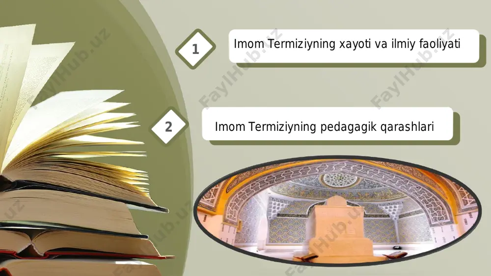 oid 408 hadisi sharifni oʻz ichiga qamragan manbadir. bu kitob azaldan islomshunos olimlar, tadqiqotchilarning diqqatini oʻziga tortib keladi. arab tili da bitilgan ushbu asarga bir qancha sharhlar ham yozilgan. uning tili ravon, uslubi gʻoyatda oddiy. asar fors va turk tillariga tarjima qilingan. "ash-shamoil an nabaviya"ning 1-qismida keltirilgan hadisi shariflar paygʻambarning suvrat (tashqi qiyofasi) iga, 2-qismida keltirilgan hadisi shariflar esa ichki dunyosiyu, axloqiy fazilatlarini bayon qilishga, yaʼni siyratga bagʻishlangan. kitobning 16-asrga oid bir qoʻlyozmasi toshkentda, oʻzbekiston musulmonlari idorasi kutubxonasida saqlanadi. "ash-shamoil an-nabaviya" oʻzbek tiliga oʻgirilib soʻnggi yillarda toshkentda bir necha bor nashr etildi. 1990-yil termiziy tavalludining 1200-yilligi yurtimizda keng nishonlandi. mustaqillik yillarida termiziyning yodgorlik majmuasi 2016 2017-yillari qaytadan taʼmirlanib, qutlugʻ ziyoratgohga aylantirildi. faoliyati https://uz.wikipedia.org/wiki/asar https://uz.wikipedia.org/wiki/payg%ca%bbambar https://uz.wikipedia.org/wiki/sahihi_termiziy https://uz.wikipedia.org/wiki/sunani_termiziy https://uz.wikipedia.org/wiki/muhammad https://uz.wikipedia.org/wiki/arab_tili https://uz.wikipedia.org/wiki/fors https://uz.wikipedia.org/wiki/turk https://uz.wikipedia.org/wiki/qo%ca%bblyozma https://uz.wikipedia.org/wiki/toshkent https://uz.wikipedia.org/wiki/o%ca%bbzbekiston https://uz.wikipedia.org/wiki/musulmon https://uz.wikipedia.org/wiki/kutubxona https://uz.wikipedia.org/wiki/o%ca%bbzbek_tili https://uz.wikipedia.org/wiki/1990-yil https://uz.wikipedia.org/wiki/1200-yil https://uz.wikipedia.org/wiki/ziyoratgoh asarlari 1.“al-jomi’u-s-sahih” (“sa-hihu-t-termiziy”, “sunanu-t-termiziy) 2.“ash-shamoilu-n-nabaviyya” 3.“kitobu-t-tarix” 4.“kitobu-l-ilali-s-sag‘ir va-l-ilali-l-kabir” 5.“kitobu-z-zuhd” 6.“kitobu-l-asmo va-l-kuna” 7.“al-ilal fi-l-hadis” 8.“risola fi-l-xilof va-l-jadal” 9.“asmou-s-sahoba” ibnul asir jomeul usul …