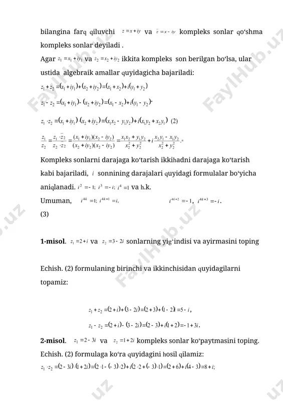 brasining asosiy teoremasi o‘rinlidir. teorema. darajasi birdan kichik bo‘lmagan, istalgan son koeffitsientli, har qanday ko‘phad hech bo‘lmaganda , umumiy holda bitta kompleks ildizga ega bo‘ladi. bu teorema matematikaning eng katta yutuqlaridan biri xisoblanadi va fanlarning xilma-xil soxalarida tatbiq qilinadi. yuqoridagi teoremadan quyidagi natijalar kelib chiqadi. natija. - darajali istalgan kompleks koeffitsientli ko‘phad, xuddi ta kompleks ildizga ega bo‘ladi. bunda ildizlar necha karrali bo‘lsa, xuddi shuncha marta sanaladi. algebraning asosiy teoremasi bo‘lganda ham o‘rinli, chunki 0- darajali ko‘phad ildizlarga ega emas. algebraning asosiy teoremasi darajasi aniqlanmagan nol ko‘phadgagina (nol soniga) qo‘llanishi mumkin emas. 3. kubik tenglama va kardano formulasi. 1). ushbu tenglama (10) kubik tenglama deyiladi. lar (10) tenglamaning ildizlari bo‘lsa, tenglamani ko‘rinishda yozish mumkin. bundan bo‘ladi. tenglama almashtirish yordami bilan ko‘rinishga keltiriladi. tenglama ushbu (11) kardano formulasi bilan echiladi: 1) bo‘lsa, u xolda bo‘ladi, bunda va lar va ildizlarning xaqiqiy qiymatlari; 2) bo‘lsa , u xolda bo‘ladi; 3) bo‘lsa , …