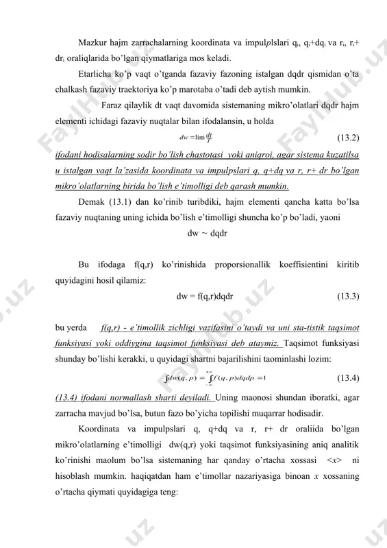 dr larni quyidagilar bilan almashtirsak , chastotalari ( va (+d( bo’lgan fotonlarning soni: bo’ladi. u holda chastotalari (, va ( + d( oraliida bo’lgan fotonlar energiyasining zichligi: yoki chastotalari ( bo’lgan muvozanatdagi issiqlik nurlanishi energiyasining zichligi (13.13) bu ifoda absolyut qora jism uchun yozilgan plank formulasining aynan o’zidir. 3. elektron gazning alayonlanishi metallardagi erkin valent elektronlarni yassi tubli potensial o’radagi ideal elekron gaz deb qarash mumkin (13.3-rasm). elektronlar, spini ga teng bo’lgani uchun, fermi - dirak taqsimotiga bo’ysunadilar. harorat t = o k bo’lganda valent elektronlarining metall ichida qabul qilishi mumkin bo’lgan energiyalarining diskret qiymatlarini, yaoni energetik sat’larlarni va ularda elektronning joylashish tartibini ko’rib chiqaylik. buning uchun fermi-dirak taqsimot funksiyasi (13.13) ning grafigini chizamiz (13.4-rasm): t = 0 k da agar ye ((o) bo’lsa, ga intiladi natijada f(e) = 0. (13.17) bo’ladi, ya’ni t=0 k da metallning erkin elektronlari yef dan katta energiyalarga ega bo’la olmaydi yoki yef dan keyingi …