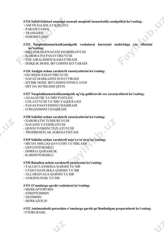 sir bilan birga bo’ladi - epilepsiyani xamma turida qo’llaniladi - mit da so’rilmaydi - parkensionizmda qo’llaniladi # 343 parkeonsionizmga qarshi preparatni ko’rsating : + levodopa - klonazepam - trimetin - difenin # 344 dofaminergik sistemani faolashtiradigan parkeonsionizmga qarshi preparatni ko’rsating: + lepodepa - siklodol - difenin - karbamazepin # 345 midantanga xos xususiyatni ko’rsating: + glutamining nmda-retseptorini bloklaydi - dofamin manbai - epilepsiyada qo’llaniladi - neyron membranasini stabilizatsiyalaydi # 346 siklodol uchun xos xususiyatni ko’rsaating: + parkinsionizmda qabul qilinadi - markaziy xolinomimetik ta’sir - periferik xolinomimetik ta’sir - dofamin manbai # 347 antipsixotik(neyroleptik) preparatni ko’rsating: + aminazin - diazepam - amizil - amitriptilin # 348 fenotiazin unumi bo’lgan-tipik antipsixotik(neroleptik)moddani ko'rsating : + triftazin - sulpirid - klozapin - diazepam # 349 tioksanten unumi bo’lgan-tipik antipsixotik(neroleptik)moddani ko'rsating : + xlorprotiksen - aminazin - galoperidol - klozapin # 350 butirofenon unumi bo’lgan-tipik antipsixotik(neroleptik)moddani ko'rsating: + galoperidol - sulpirid - klozapin - aminazin …