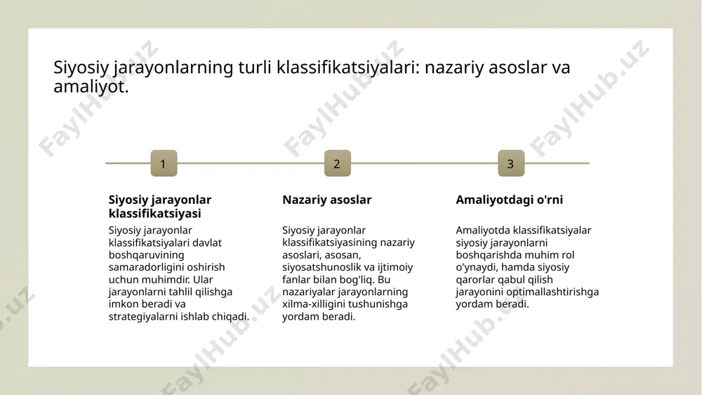 osatida inson huquqlarini himoya qilishni maqsad qilmoqda. qonunchilik o'zgarishlari o'zbekistondagi qonunchilik tizimida amalga oshirilayotgan o'zgarishlar, fuqarolar va tashkilotlarga yanada keng imkoniyatlar yaratish, demokratik jarayonlarni mustahkamlashga qaratilgan. o'zbekistondagi siyosiy jarayonlarning ijtimoiy ta'siri va ahamiyati. ijtimoiy o'zgarishlar o'zbekistondagi siyosiy jarayonlar ijtimoiy o'zgarishlarga sabab bo'lib, fuqarolar o'rtasida ishtirok va anglashni oshirmoqda. siyosiy ishtirok siyosiy jarayonlar fuqarolarning siyosiy ishtirokini rag'batlantirib, jamiyatda demokratiya va ochiqlikni kuchaytirishga xizmat qilmoqda. iqtisodiy ta'sir siyosiy jarayonlar o'zbekistonda iqtisodiy o'sish va barqarorlikka ta'sir ko'rsatib, investitsiyalarni jalb qilishda muhim rol o'ynaydi. o'zbekiston siyosatidagi muhim o'zgarishlar va ularning natijalari. o'zgarishlar ta'rifi o'zbekistondagi siyosiy o'zgarishlar, 2016-yildan so'ng, demokratik islohotlar, iqtisodiy o'zgarishlar va ijtimoiy rivojlanish yo'nalishida olib borilmoqda. islohotlarning turi siyosiy islohotlar, qonunchilik yangilanishlari va fuqarolik huquqlarini kengaytirish orqali davlat boshqaruvini yanada shaffof va samarali qilishga qaratilgan. natijalar va ta'sir ushbu o'zgarishlar natijasida o'zbekistonda iqtisodiy o'sish, ijtimoiy barqarorlik va xalqaro munosabatlarda yangi imkoniyatlar yaratilmoqda. o'zbekistonda siyosiy jarayonlar va fuqarolik jamiyati o'rtasidagi munosabatlar. 1 fuqarolik …