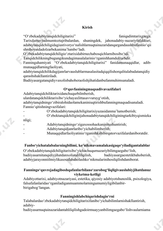 xi” faninio‘zlashtirishdao‘qitishningilg‘orvazamonaviyusullaridanfoydalanish, yangiinformatsion-pedagogiktexnologiyalarnitatbiqqilishmuhimahamiyatgaegadir. dasturdako‘rsatilganmavzularma’ruza, amaliymashg‘ulot, seminarmashg‘ulotlarishaklidaolibboriladi, shuningdek, fanningdolzarbmasalalarimagistrtalabalargamustaqilta’limsifatidao‘zlashtirishuchunberiladi. fannio‘zlashtirishdadarslik, o‘quvvauslubiyqo‘llanmalar, ma’ruzamatnlari, tarqatmamateriallar, texnikvositalardanfoydalaniladi. ma’ruza, amaliyvaseminarmashg‘ulotlarizamonaviypedagogiktexnologiyaningilg‘ormetodlariorqalihamdaslaydlar, multimedianamoyishlaribilano‘tkaziladi. i bob “adabiy tanqid fan sifatida, uning ijtimoiy-estetic mohiyati, maqsadi va vazifalari” модулини ўқитишнинг назарий масалалари «adabiy tanqid»tushunchasi, lug‘aviy va istilohiy ma’nolari. adabiy tanqid ilmda o‘ziga xos hodisa dastlab platon, aristotel, aristarx faoliyatlarida antik zamonda namoyon bo‘ldi. aslini olganda, tanqidning ilk sifatida hayotning barcha jabhalari, jumladan, kishilarning tabiiy ofatga qarshi kurashdagi jasoratini, muayyan maqsad yo‘lidagi intilishlari, qahramonlik fazilatlari va rang-barang ruhiy holatlarini ifoda etuvchi asarlar maydonga kelishi va xalqning bu asarlarga, ularda tasvirlangan voqea-hodisalarga munosabati, bahosi, ma’qullashi yoki inkori, ulardan zavqlanishi yoki aksincha qoniqmasligi tabiiy edi. adabiy tanqidning paydo bo‘lishida mana shu tabiiy jarayon yotadi. demak, badiiy asar paydo bo‘lishi bilan unga baho berilishi (qanchalik oddiy bo‘lishidan qat’i nazar) zamiridagi estetik uzv adabiy tanqidning dunyoga kelishini taqozo etadi. bunday hol umumjahon miqyosidagi adabiy tanqidiy tafakkurning paydo bo'lishi uchun umumiy qonuniyat sanaladi. shu tariqa adabiy …