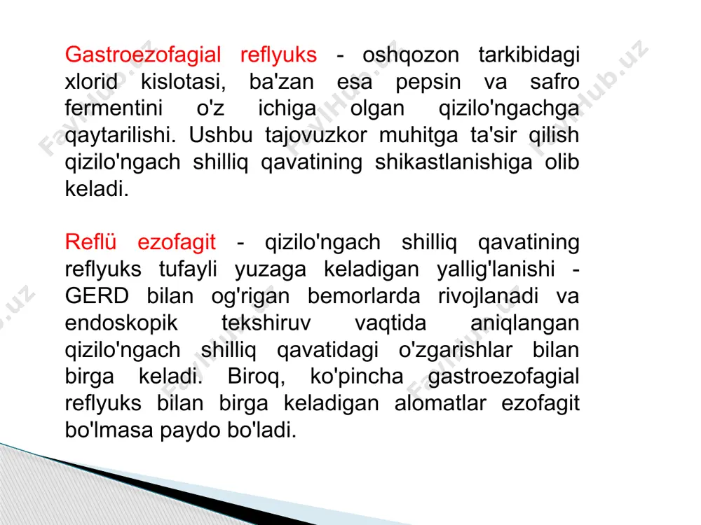 z kerak. bu tortishish tufayli oshqozon tarkibini qizilo'ngachga qaytarish sonini kamaytiradi. 4. iloji bo'lsa, qorin bo'shlig'i bosimini oshiradigan bintlar va qattiq kamarlarni kiyishni cheklang. 5. ovqatni kuniga 4-6 marta, kichik qismlarda, iliq, yotishdan 2-3 soat oldin iste'mol qilish kerak. ovqatdan so'ng, siz 2-3 soat davomida tananing gorizontal holatidan, tanani egishdan va jismoniy faoliyatdan qochishingiz kerak. oshqozonning kislota hosil qiluvchi funksiyasini kuchaytiruvchi va qizilo‘ngachning pastki sfinkteri ohangini pasaytiradigan oziq-ovqat va ichimliklar iste’mol qilishdan bosh tortish kerak : - qahva, choy, coca-cola, shokolad, gazlangan ichimliklar, issiq souslar, tsitrus mevalari, pomidorlar; - yog'li, nordon, achchiq ovqatlar, ziravorlar; - spirtli ichimliklar, pivo, nordon meva sharbatlari; - karam, no'xat, dukkaklilar, qora non (gaz hosil bo'lishini rag'batlantirish va qorin bo'shlig'i bosimini oshirish). proton pompasi inhibitori omeprazol 4 hafta davomida kuniga 20-40 mg dan olinadi; 3-5 kun ichida yurak urishini yo'q qiladi; - remissiyani saqlab qolish uchun omeprazol (20 mg) va koordinaks (20 mg) bilan birlashtirilgan parvarishlash …