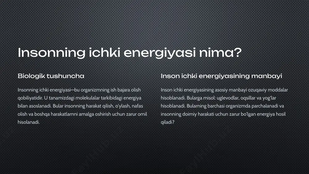 da yuqori, ayollarga nisbatan. -sog'liq holatiga ko'ra. umumiy almashinuv—insonning ma'lum vaqt davomidagi energiya sarfi. oddiy qilib aytganda inson qanchalik fizik aktiv bo'lsa, uning energiya sarfi shuncha yuqori bo'ladi. 5 turli moddalarning energiya potensiali. oqsil 1 g oqsil hazm bo'lganda organizm—17.2 kj energiya oladi. kaloriyada 4.1 kkal. uglevod 1 g uglevo hazm bo'lganda ham organizm—17.2 kj energiya oladi. bu kaloriyada 4.1 kkal hisoblanadi. yog' 1 g yog' hazm bo'lganda organizm o'ziga—38.9 kj energiyani olaid. bu kaloriyada 9.3 kkal ni tashkil etadi. 6 yakun: inson organizmi uchun ovqatlanish ratsionida oziq ovqatning kaloriyligi muhim hisoblanadi. qo'shimcha ma'lumot sifatida, agar organizm hayot faoliyati uchun ketayotgan energiya, oziq ovqatdan olayotgan energiyasidan yuqori bo'lsa unda ozish va uning aksi bo'lsa unda ortiqcha vazn yeg'ish kuzatiladi. 7 image2.png image3.png image4.png image5.png