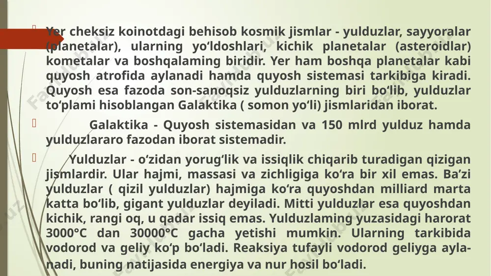87 sutkaga, bir sutkasi 24,5 soatga yaqin bo‘lib, yerga nisbatan quyosh­dan ikki marta kam issiqlik oladi. yupiter bahaybat sayyoralardan eng kattasi va quyoshga eng yaqini qadimiy avlodlarimiz yupiterning kattaligini aniq bilmasalarda, lekin ular tasodifiy holda yupetemi xudolar podshosi, qudratli oily xudo yupiter nomi bilan ataganlar. yupiter diametrik yer diametridan 11 marta, massasi yer massasidan 318 marta, hajmi yer hajmidan 1300 marta katta. aksincha zichligi yer zichligidan 4 marta kam. yupiterning quyosh atrofida aylanish davri qariyb 12 yer yiliga yaqin. yupiteming aylanish o‘qi o‘zining orbita tekisligiga deyarli teng va shu tufayli unda hech qanday yil fasllari sodir bo‘lmaydi. yupiter o‘z o‘qi atrofida boshqa sayyoralarga nisbatan juda tez aylanadi. u 10 soat ichida o‘z o‘qi atrofida bir marta aylanib chiqadi. saturn quyosh sistemasidagi sayyoralar ichida kattaligi va massasiga ko‘ra yupiterdan so‘ng ikkinchi o‘rinda turadi. u qadimgi rimliklarning vaqt va hosil xudosi saturn nomi bilan atalgan. uning massasi yer massasidan 93,2-marta katta, o‘z …