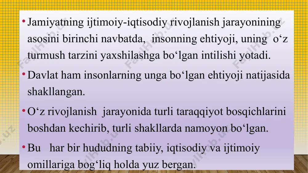 lstov esa akes daryosini hozirgi xorazm hududida bo‘lgan deb hisoblaydi. gerodotning shu xabari asosida nemis orientalist olimi i. markvart «katta xorazm» davlati g‘oyasini ishlab chiqqan ilk xorazm davlati mil avv.6 asrda shaklalngan. bu davrga oid ko‘zaliqir va xumbuztepa yodgorliklari topib o‘rganilgan. bu xorazm tarixining arxaik davri yoki ko‘zaliqir bosqichi tushunchasi bilan ishlatiladi xorazmda ilk davlat katta xududda emas, balki ma’lum sug‘orish sistemalari mavjud xududlarda shakllangan. xorazmda ham ilk davlat masalalari ko‘zaliqir yodgorligi joylashgan xududda shakllangan bo‘lishi mumkin. balki ular bir necha bo‘lgandir. lekin gekatey xoraziylarda faqat xorasmiya shahri bo‘lganligi yozib qoldirilgan. arxeolog olimlarning tadqiqotlarda xorazmning davlatining janubiy chegarasi aniqlangan. bu o‘rta amudaryo bo‘yidan, chorjuy yaqinidan topilgan odaytepa va qo‘shqal’a yodgorliklardir. ular bir-biriga yaqin joylashgan bo‘lsa-da, ikki xil madaniyat izlari topilgan. бронза даврида бақтрия ҳудудида, илк темир давридан, яъни мил. авв.viii асрдан суғдиёнада ва мил.авв. vi асрдан қадимги хоразмда илк давлатчилик элементлари шаклланган. бақтрияда деҳқончилик воҳалари бирлашуви асосида давлатчилик элементлари шаклланган …