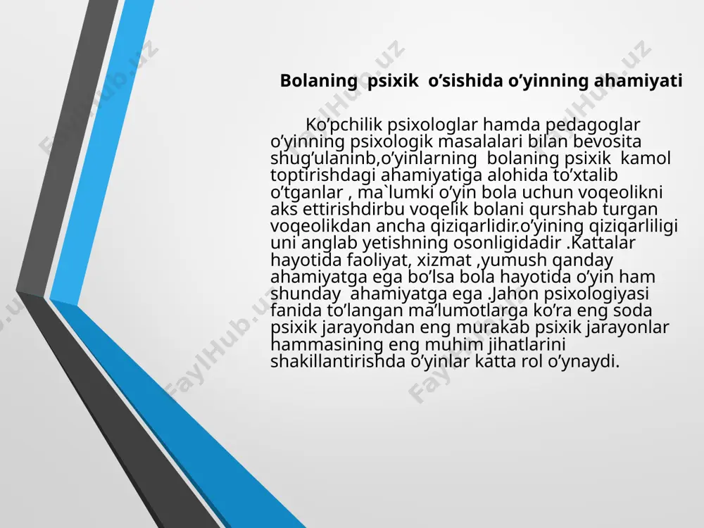 mlar qandaydir alomatlarni aks ettiruvchi sifatida emas ,balki ana shu tayanch narsalar to’g’risida fikirlash uchun xizmat qiladi ,shuningdek ,tayanch nuqtasi harakatning yaqqol narsa bilan bog’liq jihatini aks ettiradi. yuqorida aytilganidek ,narsa bilan o’yin harakatlarning takomillashuvi harakat shakli ,xususiyati ,bosqichi kabilarni qisqartirish va umumlashuvi ularning aqliy ko’rinishdagi mantiqan izchil ,yig’iq shakilga o’tishining asosini tashkil qiladi. psixolog j.piaje o‘yinda jismlarga yangi nom berish omiliga jiddiy e’tibor bilan qarab, bu ish ramziy ma’noli tafakkur shakllanishining tayanchi, degan xo‘losaga keladi. lekin bu xulosa vaziyatni aks ettirishning birdan-bir to‘gri yo‘li ekanligini bildirmaydi. shuning uchun narsaning nomini o‘zgartirish bilan bolada tafakkur va aql-zakovat o‘sishini kutish ham mantiqqa mutlaqo ziddir, aslida narsalarni qayta nomlash emas, balki o‘yin harakatlarining xususiyatini o‘zgartirish bolaning aqliy o‘sishiga sezilarli ta’sir o‘tkaza oladi. darhaqiqat, o‘yin faoliyatida bolalarda harakatning yangi kurinishi, ya’ni uning fikriy, aqliy jihati namoyon bo‘ladi va shuning uchun o‘yin harakatlarini shakllantirish jarayonida bolada fikrlash faoliyatining dastlabki ko‘rinishi vujudga keladi. bolaning aqliy …