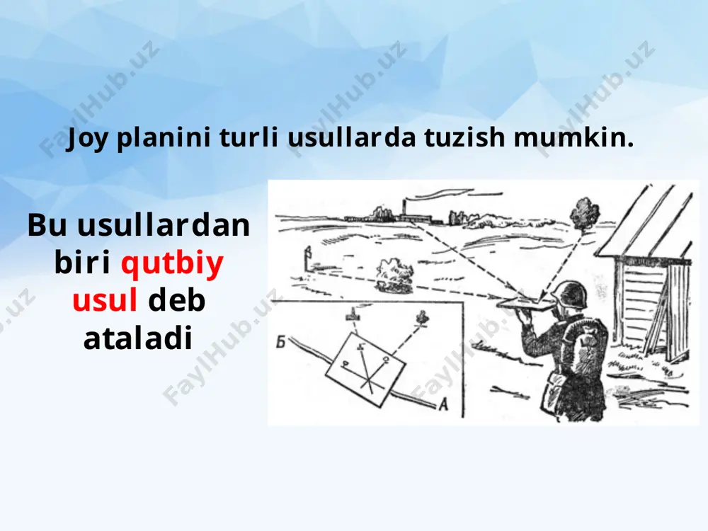643 m. o‘zbekistondagi barcha mutlaq balandliklar atlantika okeanining boltiq dengizi sathidan hisoblanadi. gorizontallar. joy planlarida tabiatdagi mahalliy predmetlardan tashqari yer yuzasining notekisliklari ham tasvirlanadi. yer yuzasining bunday notekisliklari relyef deb ataladi. relyef joy planlarida va xaritalarda gorizontallar bilan tasvirlanadi. gorizontallar deb quruqlik yuzasidagi mutlaq balandligi bir xil bo‘lgan nuqtalarni xaritalarda tutashtiruvchi chiziqlarga aytiladi. joy planida tepalar ham, chuqurlar ham gorizontallar bilan tasvirlanadi. yer yuzasi qaysi tomonga qiya bo‘lsa, gorizontallarga qiya tomonni ko‘rsatuvchi chiziqcha qo‘yiladi. bu chiziqcha bergshtrix deb ataladi. bergshtrixga qarab chuqur va tepalar ajratib olinadi. yonbag‘irlar juda tik bo‘lsa, planda mayda tishlarga o‘xshagan chiziqlar bilan ko‘rsatiladi. image2.jpg image3.jpeg image4.jpeg image5.jpg image6.emf image7.emf image8.jpeg image9.jpeg image10.jpeg image11.emf image12.jpeg image13.jpeg image14.jpeg image15.jpeg image16.jpg image1.jpg