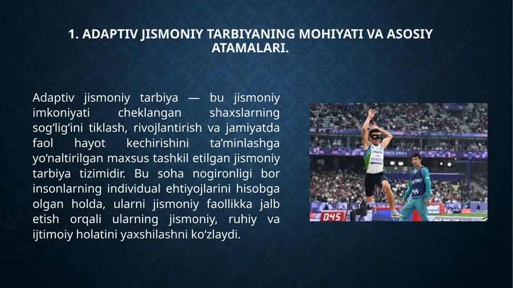 hayotiga teng huquqli a’zo sifatida qo‘shilishi jarayonidir. bu jarayonda ular ta’lim, mehnat, madaniyat, sport va boshqa sohalarda faol ishtirok etish imkoniyatiga ega bo‘lishi kerak. adaptiv jismoniy tarbiya orqali nogiron shaxslar jamoaviy mashg‘ulotlarga jalb etilib, ijtimoiy munosabatlarni o‘rganadilar va o‘zlarini jamiyatda to‘laqonli his eta boshlaydilar. turmush tarzi esa insonning kundalik faoliyati, odatlari, salomatlik holati va ijtimoiy faolligini ifodalaydi. nogironlar uchun sog‘lom turmush tarzini shakllantirish adaptiv jismoniy tarbiyaning asosiy maqsadlaridan biridir. jismoniy mashg‘ulotlar orqali ular o‘z salomatligini nazorat qilishni o‘rganadi, faol hayot tarzi yuritadi va ijtimoiy jihatdan moslashuvchanroq bo‘lib boradi. etiboringiz uchun rahmat! image2.jpeg image3.jpeg image4.jpeg /docprops/thumbnail.jpeg