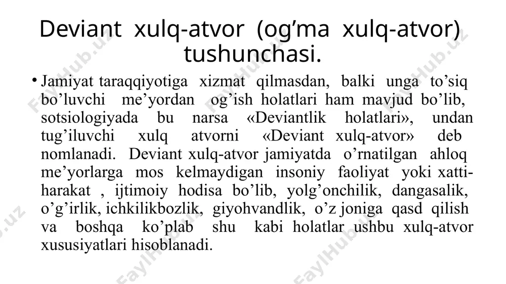 atvor - bu muayan jamiyatda qabul qilingan huquq va ahloq me’yorlaridan chetga chiqishdir. xix asrning ikkinchi yarmiga kelib. pozitivistik maktab shakllanishi bilan., jinoyatchilikni ham sababiylikda o’rganuvchi ta’limotlar paydo bo’la boshladi. jumladan, italiyalik psixiatr ch. lombrozo italiya qamoqxonalaridagi 14 ming maxbus ustida tekshirish olib borib, “jinoyatchilar tug’ma bo’lishadi” degan xulosaga kelishadi. uning shogirdi e.ferri jinoyatchilik sotsiologiyasi asarida ushbu omilga qo’shimcha ravishda ijtimoiy, iqtisodiy, siyosiy omillarni ham ko’rsatadi. keyinchalik ushbu ta’limotlar turli tanqidlarga uchragan bo’lsada, hozirgi kungacha ham g’arb sotsiologiyasining ba’zi namoyondalari ushbu ta’limotning u yoki bu yo’nalishlarini rivojlantirib kelishmoqda. ularning ta’limotlariga ko’ra ichki sekretsiya bezlari, aqliy rivojlanganlik darajasi, xromosomalarning tuzilishi va irsiy sabablar jinoyatchilik va shu kabilarni tug’ma yoki biologik omillarni shakllanishiga ta’sir qiladi. delinkvent xulq atvor delinkvent xulq atvor - deviantlikning ko’rinishlaridan biri bo’lib, bunday hatti-harakat odatda sho’xlik va ko’ngil xushlik harakatlarida namoyon bo’ladi. masalan, o’smir ko’p qavatli uy balkonifan turib yo’lovchilarga og’ir predmetlarni uloqtirishi va bundan lazzatlanishi mumkin. bunday …