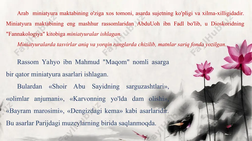 rak, shayx kamoniy, shohquli, jalolzoda mustafo kabilar samarali ijod qilganlar. jalolzoda mustafoning "sulton va uning a'yonlari", usmonning "xusrav va sulton salim ii portreti", nigoriyning "sulton sulaymon i portreti", nizomiyning "xamsa" asariga ishlangan boysun mirzo, amir temur va temuriylar avlodlari tasvirlangan miniatyuralar, bahrom mirzo, shoh ismoil albomlari turkiyaning to'pqopi saroyi kutubxonasida saqlanmoqda. 45-rasm. sulton usmon i g'ozi portreti. 46-rasm. sulton salim i portreti. o'rta osiyo miniatyura maktabi o'rta osiyo, umuman, o'rta sharq madaniyatida kitobni bezash, xattotlik, miniatyura san'ati uzoq tarixdan o'ziga xosligi, jozibasi bilan alohida ajralib turadi. mazkur san'atning taraqqiy etishida o'rta osiyo, eron, ozarbayjon, afg'oniston rassomlari katta hissa qo'shdilar. o'rta osiyo, o'rta sharq miniatyura maktablarining mashhur rassomi kamoliddin behzod taxminan (1455 — 1535) hirotda alisher navoiy davrasida va homiyligida ijod qilgan bo'lsa-da, keyinchalik u ko'pgina xattot va rassomlar bilan buxoroga ko'chib o'tdi. behzod buxoroda 1507— 1522-yillarda yashab ijod qildi. u mashhur asari shayboniyxon portretini yaratdi. behzod o'z ijodini hayotda ko'rgan …