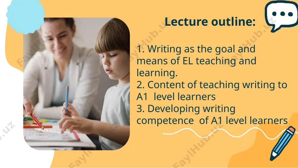 the written text students should master: mechanics of writing (handwriting, spelling, punctuation); process of expressing ideas in a graphical form; in the elt the writing is the means of teaching and learning at the elementary and intermediate levels writing helps to think and to learn. as a means of teaching writing new words and structures help students remember new words; written practice helps students focus their attention on what they are learning. it is important for developing all skills. writing serves as learning and controlling means. writing as a means and purpose(goal) in elt. 2.content of teaching writing to a1 level learners literacy ken hyland points out, we judge people as literate, if they can read and write in certain situations and for certain purposes, some of which are more prestigious. in foreign language teaching, we need to decide what kind of writing we expect from students, what kind of …