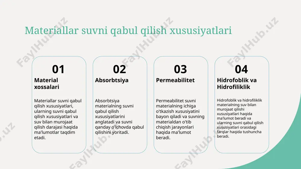 rga ega boʻlib, suvni oʻzlashtirish va saqlashda yordam beradi. materiallar sukhrobolishning oʻsishini taʼminlaydi materiallar sukhrobolishning oʻsishini taʼminlaydi, suvni oʻz ichiga jalb qilish orqali. fillerdagi hidrofizik xossalari, suvni oladi va uni saqlaydi. fillerdagi suvning oʻsishi, oʻzlashtirish va suv bilan taʼsir oʻrnatadi. photo by paul hanaoka on unsplash materiallarning suvsizlanish darajasi va uning oʻzgarishi 1 suvsizlanish darajasining oʻlchami material suvni qanchalik qabul qiladi yoki yoʻqotadi, bu suvsizlanish darajasini belgilaydi. uning qiymati materialning suvsizlanish xususiyatlariga aloqador boʻladi. 2 oʻzgarishlarning sabablar material suvsizlanish darajasi oʻzgarishiga sabab boʻlgan omillar koʻrsatiladi. temperatura, material turi va suv konsentratsiyasi kabi faktorlar bu oʻzgarishlarga ta'sir qilishi mumkin. 3 materiallar suvsizlanish darajasini oshirish materialning suvsizlanish darajasi oshirishining yollari va qanday shakllanishi haqida ma'lumot beriladi. bu oʻzgarishlar materialning suvga qarshi boʻlgan xossalari bilan bogʻliqdir. 4 materiallar suvsizlanish darajasini kamaytirish materiallar suvsizlanish darajasini kamaytirishning usullari va bu oʻzgarishning materialning suvga ta'siri va uning uchun muhim boʻlgan koʻrsatkichlar bilan bogʻliq boʻlishi koʻrsatiladi. materiallar …
