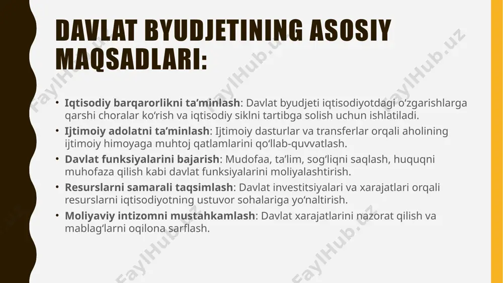 osi: tasdiqlangan byudjet ijro etiladi, daromadlar yig‘iladi va xarajatlar amalga oshiriladi. byudjet ijrosini nazorat qilish va hisobot berish: davlat byudjeti ijrosi tahlil qilinadi va tegishli organlar hisobot taqdim etadi. davlat byudjeti bilan bog‘liq muammolar: byudjet defitsiti va davlat qarzi: defitsit mavjud bo‘lganda davlat qarz olishga majbur bo‘ladi, bu esa kelajakda qarzni qaytarish bilan bog‘liq moliyaviy yukni oshiradi. soliq tushumlarining kamayishi: iqtisodiy inqiroz yoki boshqa sabablarga ko‘ra soliqlardan tushadigan daromadlar kamayishi byudjetni bajarishni qiyinlashtirishi mumkin. xarajatlarning noto‘g‘ri taqsimlanishi: mablag‘larning samarasiz sarflanishi iqtisodiy o‘sishni sekinlashtirishi va ijtimoiy muammolarni kuchaytirishi mumkin. inflyatsiya xavfi: byudjet defitsitini qoplash uchun pul chiqarilishi inflyatsiyani kuchaytirishi mumkin. /docprops/thumbnail.jpeg