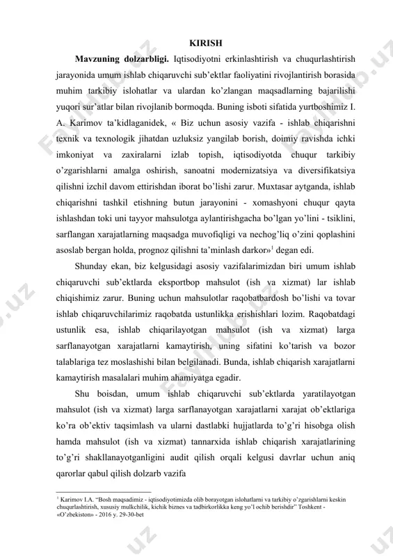 arajatlari auditini tashkil qilishning nazariy asoslarini o’rganish; · bozor iqtisodiyoti sharoitida auditning uslubiy asoslarini tahlil qilish; · ishlab chiqarish xarajatlari auditini tashkil etishning o’ziga xos xususiyatlarini tadqiq etish; · korxonalarda mahsulot ishlab chiqarish xarajatlarining auditini o’tkazish metodikasini o’rganish va fikr berish; · korxonalarda ishlab chiqarilgan mahsulotlar tannarxini hisoblashni tekshirishni tashkil etish masalalarini o’rganishdan iboratdir. kurs ishning ob’ekti va predmeti bo’lib, xo’j alik yurituvchi sub’ektlarda buxgalteriya hisobi va hisoboti ma’lumotlari hisoblanadi. kurs ishning predmeti bo’lib, mahsulot (ish va xizmat) ishlab chiqarish xarajatlarining buxgalteriya hisobi va auditining huquqiy-me’yoriy asoslari, shuningdek, uning uslublarini amaldagi qonunlar hamda me’yoriy hujjatlar doirasida takomillashtirish hisoblanadi. kurs ishining nazariy-amaliy ahamiyati shundaki, xo’jalik yurituvchi sub'yektlarda ishlab chiqarish xarajatlari auditi bo'yicha ishlab chiqilgan tavsiyalarni joriy etilishi auditorlik xizmatlarni ko’rsatuvchi tashkilotlar faoliyati samaradorligini oshishiga, auditorlar ish sifatini yaxshilashga, ular xatarini pasaytirishga imkoniyat yaratadi. kurs ishining nazariy ahamiyati keltirilgan nazariy ma’lumotlarni “audit” fanidan dars o’tish jarayonida hamda o' quv adabiyotlarini yangi avlodini …