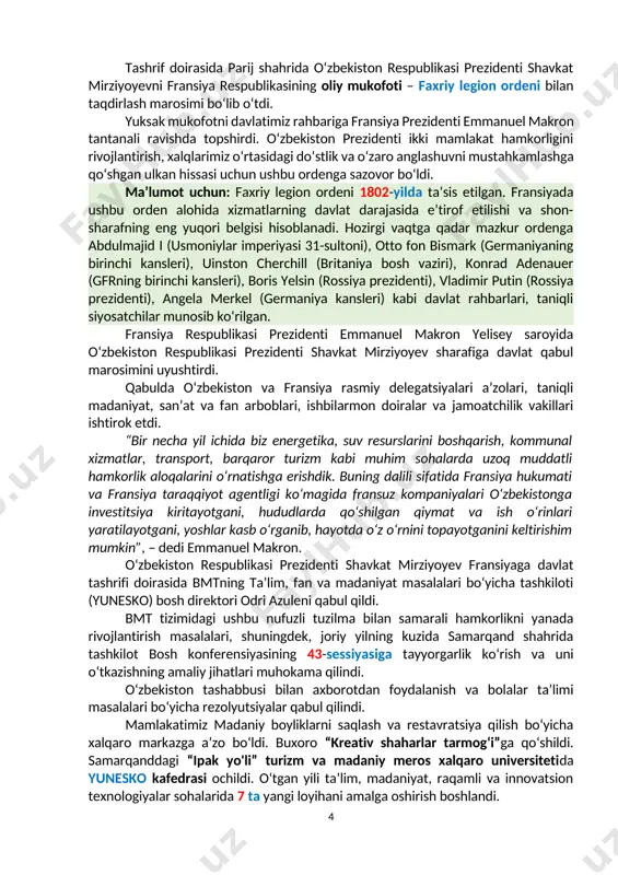 da deklaratsiya; – sog‘liqni saqlash sohasida hamkorlik to‘g‘risida deklaratsiya; – fransuz tilini o‘qitishni kengaytirish to‘g‘risida bayonnoma; – musiqa, kino va teatr sohalarida hamkorlik to‘g‘risida deklaratsiya; – madaniyat va san’atni rivojlantirish jamg‘armasi bilan fransiya madaniyat vazirligi, madaniy meros milliy instituti va markaziy osiyo tadqiqotlari instituti o‘rtasidagi hamkorlik bitimlari; – toshkent va parij shaharlari o‘rtasida sheriklik munosabatlarini o‘rnatish to‘g‘risida bayonnoma va boshqa ikki tomonlama hujjatlar. o‘zbekiston respublikasi prezidenti fransiya ishbilarmon doiralarining yetakchi vakillari bilan uchrashuv o‘tkazdi. tadbirda ikki mamlakat yetakchi kompaniyalari, investitsiya va bank-moliya institutlarining 60 dan ortiq rahbarlari va vakillari ishtirok etdi. fransiya biznesi tomonidan suez, veolia, total, edf, voltalia, orano, meridiam, saint-gobain, imerys, natixis, societe generale, bpi france, airbus, mnd, eiffage, schneider electric, total energies, alstom, technip energies, egis, adp group, ellipse projects, assystem, atr va boshqa kompaniyalar qatnashdi. fransiya kompaniyalari bilan 2027-yilgacha bo‘lgan davrga mo‘ljallangan innovatsion va sanoat kooperatsiyasi dasturi bunga xizmat qiladi. unga umumiy qiymati 6,5 milliard yevro …