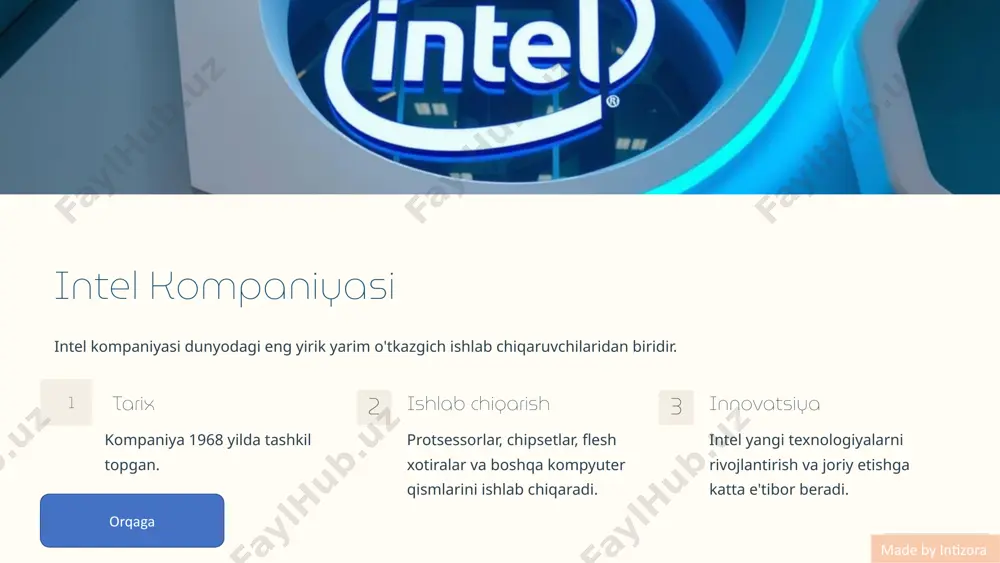 integratsiyalangan grafik moduli qaysi nom bilan mashhur? a) nvidia geforce b) intel iris xe c) amd radeon d) intel xeon to‘g‘ri javob: b) intel iris xe user (u) - user (u) - test 13. intel protsessorlari uchun chipsetlar odatda nimani ta’minlaydi? a) protsessorning tezligini oshirish b) kompyuterning operatsion tizimini boshqarish c) xotira, saqlash va boshqa qurilmalar bilan aloqani tashkil etish d) grafik modullarni boshqarish to‘g‘ri javob: c) xotira, saqlash va boshqa qurilmalar bilan aloqani tashkil etish 14. intel protsessorlarining qaysi oilasi serverlar uchun mo‘ljallangan? a) core b) pentium c) xeon d) atom to‘g‘ri javob: c) xeon made by intizora 15. intel core protsessorlari "lake" seriyasi nimani anglatadi? a) texnologik nomini b) tizimdagi sovutish usulini c) ishlash chastotasini d) avlodning yillarini to‘g‘ri javob: a) texnologik nomini 16. intel kompaniyasi arm arxitekturasi asosida protsessor ishlab chiqaradimi? a) ha b) yo‘q to‘g‘ri javob: b) yo‘q user (u) - user (u) - test 17. …