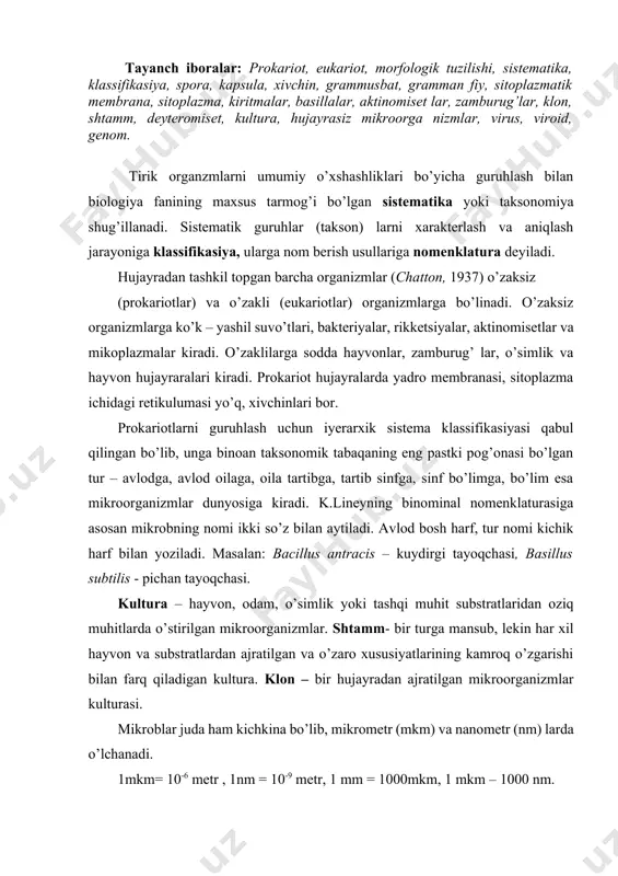 jratilgan va o’zaro xususiyatlarining kamroq o’zgarishi bilan farq qiladigan kultura. klon – bir hujayradan ajratilgan mikroorganizmlar kulturasi. mikroblar juda ham kichkina bo’lib, mikrometr (mkm) va nanometr (nm) larda o’lchanadi. 1mkm= 10-6 metr , 1nm = 10-9 metr, 1 mm = 1000mkm, 1 mkm – 1000 nm. bakteriyalarda shakl hosil qiluvchi, qobiqqa zichlik beruvchi regid qatlam – peptidoglikan hisoblanadi. grammusbat bakteriyalarning hujayra devorida 50- 90 % ko’p qavatli peptidoglikan bo’lib, tarkibida oqsil, polisaharidlari ham bo’ladi. grammanfiy bakteriyalarda 1-10 % bir qavatli peptidoglikan bo’lib, uning ustida tashqi membranasi bor. bakteriyalar – shakli, o’lchami va ba’zi biologik xususiyatlari bilan farq qiladigan bir hujayrali mikroorganizmlar bo’lib, sharsimon (kokklar), tayoqchasimon (bakteriya, basilla va klostridiylar), burama (vibrion, spirillalar, spiroxetlar) shaklli bo’ladi. bakteriya hujayrasi qobiq, sitoplazma va o’zak apparatidan iborat. sitoplazma- murakkab kolloidsimon sistema bo’lib, suv, oqsil, uglevod, yog’, nuklein kislortalari, har xil organik va anorganik moddalardan tuzilgan. sitoplazmada hujayraning modda almashinuvi (metobolizm) boradi. ya’ni uning oziqlanishi …