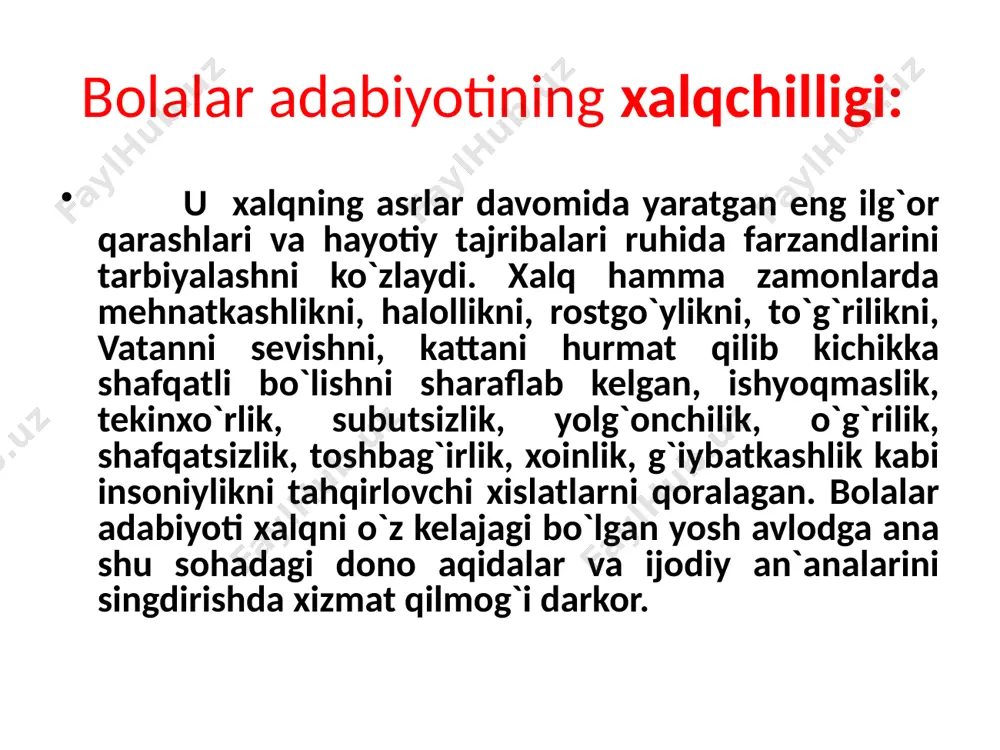 shidagi kichkintoylar tabiatiga xos «shoirlik va faylasuflik» ular uchun yoziladigan asarlar mavzu doirasining keng, g`oyaviy-badiiy jihatdan sodda va tabiiy bo`lishini taqozo etadi, bu jarayon bola ulg`ayishi bilan oddiylikdan murakkablik tomon yo`g`rilib bormog`i darkor. o`smirlarga oid badiiy asarlarga qo`yilgan talablar: o`smirlik kattalar olamiga nomzodlik bosqichi bo`lib, bolalik bmlan xayrlashish va kattalarga ergashishdan iborat oralig`dir. u birinchi muchalni to`ldirib, ikkinchisiga qadam qo`yish bilan boshlanadi va o`rta yasharlik-o`smirlik pallasiga kirishning ilk bosqichi hamda katta yasharlik-yoshlikka tayyorlanish tarzida namoyon bo`ladi. binobarin, o`smirlik ham jismoniy, ham ma`naviy-axloqiy balog`atga etishuv bo`sag`asidir. image1.jpeg /docprops/thumbnail.jpeg