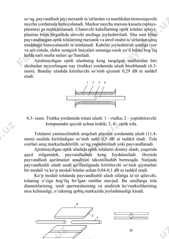 ini undan keyingi edfa kuchaytirgichlari, fd kabi qurilmalar talab etadigan sath bilan moslashtiradi. yorug‘likning jadalligi (intensivligi) fotodiodning dinamik diapazoni doirasidan chiqadigan darajada katta bo‘lgan qisqa optik tolali seksiyalarda attenyuator o‘rnatish mumkin. ular jadallikni qabul qilgichning dinamik diapazoniga mos keladigan sathgacha kamaytiradi. fc turidagi optik rozetka sc turidagi optik rozetka fc-sc turidagi o‘tish optik rozetka 6.5-rasm. optik rozetka turlarining ko‘rinishi ishlash prinsipi bo‘yicha attenyuatorlar so‘nish qiymati o‘zgaruvchi va so‘nish qiymati o‘zgarmas turlarga bo‘linadi. o‘zgaruvchan attenyuatorlar so‘nish qiymatini 0-20 db oraliqda o‘zgartirish imkonini beradi. so‘nish qiymati o‘zgarmas attenyuatorlarda so‘nish qiymati ishlab chiqaruvchi tomonidan belgilangan bo‘ladi. uning qiymati 0, 5, 10, 15 yoki 20 db ni tashkil etishi mumkin. attenyuatorlar tomonidan kiritiladigan so‘nish 15 % dan ortiq bo‘lmasligi kerak. optik aks etish qobiliyati maksimal -40 db sathda bo‘lishi kerak. attenyuatorlarning ishchi to‘lqin uzunliklari diapazoni eng ko‘pi bilan 1360 nm dan 1580 nm gachani, eng kami bilan 1200 nm dan 1480 nm gachani tashkil …