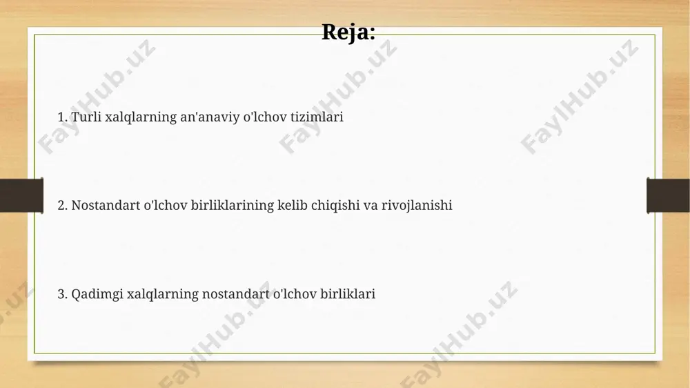 n birligidan foydalangan, taxminan 400 kvadrat “qadam”ga teng bo‘lgan bu birlik yer maydonlarini aniqlashda muhim rol o‘ynagan. qadimgi misr o'lchov birliklari misrliklar don va boshqa qishloq xo'jaligi mahsulotlarini o'lchashda "xar" (taxminan 4,5 litr) va "xepet" (taxminan 22,5 litr) kabi sig'im birliklaridan foydalanishgan, bu birliklar fironlar davrida soliq yig'ishda muhim rol o'ynagan. qadimgi misrda uzunlikni o'lchash uchun "qodir" (taxminan 7 sm) va "djo" (taxminan 52,5 sm) kabi birliklardan foydalanilgan bo'lib, bu birliklar nil daryosi bo'ylarida joylashgan shaharlarning qurilishida qo'llanilgan. og'irlikni o'lchash uchun ishlatilgan "deben" (taxminan 91 gramm) va "ket" (taxminan 45 gramm) birliklari thebes va memphis kabi yirik shaharlarning savdo-sotiq tizimida muhim ahamiyatga ega bo'lgan. maya va azteklarning o'lchov birliklari maya va asteklar uzunlikni oʻlchashda „kʼal“ (taxminan 2 metr) va „cheʼ“ (taxminan 0,8 metr) kabi birliklardan foydalanishgan, bu oʻlchovlar ularning meʼmoriy inshootlarini, masalan, chichen itza shahridagi piramidalarini qurishda qoʻllanilgan. maya tsivilizatsiyasi don va boshqa mahsulotlarni oʻlchash uchun „comal“ (taxminan 0,5 litr) …