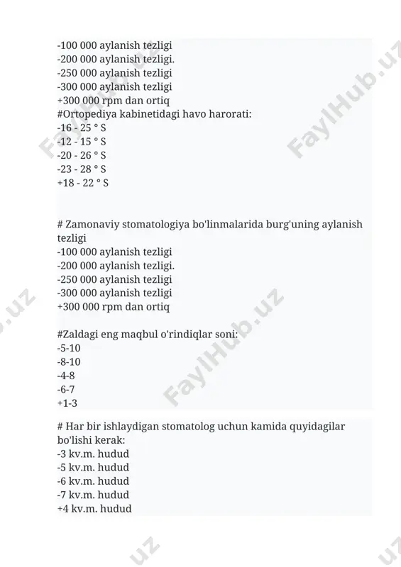 alohida qismlarini oqartirish. + metall quyish. #tsementni aralashtirish uchun: - pinset. - prob. - elektr spatula - yog'och spatulalar. + zanglamaydigan po'latdan yasalgan spatula. #ortoped shifokorining kunlik rejalashtirilgan ish yuki: -3 (uop) -5 (uop) -30 (uop). -37 (uop). +18 (uop). #bemorni tekshirish uchun asosiy vositalar: - periodontal zond - krampon qisqichlari -lift - shtopfer +oyna #inson funktsional imkoniyatlarini uning uchun maqbul ish sharoitlarini yaratish uchun o'rganadigan fan: -iqtisodiyot - oldini olish -etika -deontologiya. +ergonomika #qaysi xonalarni bitta xonaga birlashtirish mumkin: -asosiy xona, kasting xonasi. -lehimlash xonasi, asosiy xona. -asosiy xona, shakllanish xonasi. -polimerizatsiya xonasi, asosiy xona, shakllantirish xonasi. + shiva qilish xonasi, shakl berish xonasi, polimerizatsiya xonasi. #asosiy xona quyidagilar uchun mo'ljallangan: - tish davolash. - okklyuzerda modellarni gipslash. - tishlarni oqartirish. - plastmassaning polimerizatsiyasi. + modellashtirish. #stomatologiya laboratoriyasining qaysi xonasi keramik va kompozit materiallardan foydalangan holda protezlar ishlab chiqarish uchun mo'ljallangan: - lehimlash xonasi. - gips quyish uchun xona …