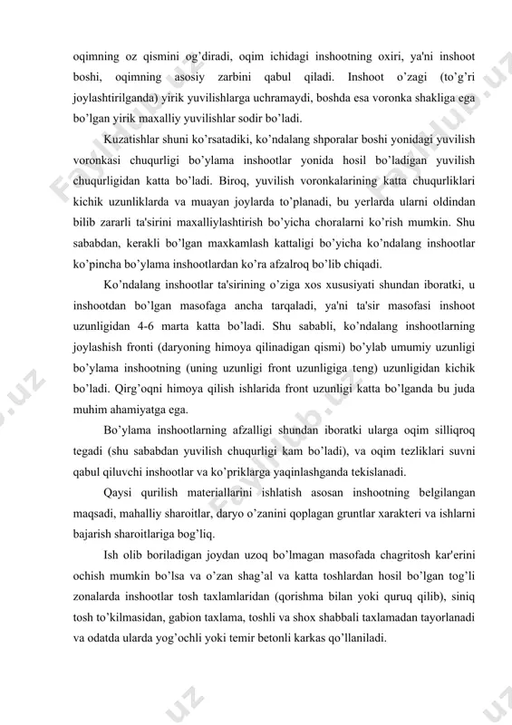 iladi. o’zani yirik qum-shag’al yoki tosh qotishmadan (galеchnik) hosil bo’lgan va tog’ etagidagi rеl'еf sharoitlarida oqadigan daryolarda inshootlar mahalliy shag’alli va tosh qotishmali (galеchnik) gruntdan (sirtqi qoplamasi bеton yoki tеmir bеton plitalardan bo’ladi), bеtonitlardan yoki tosh va shox shabbali taxlamdan, gabion taxlamdan, chagritosh, fashina, qarabur va h.k. lar bilan to’ldirilgan shox shabbali savatlardan quriladi; shuningdеk turli xildagi tyufyaklar va shox shabbali to’shaklar qo’llaniladi. so’nggi yillarda bunday daryolarda qurilma qismlarini ishlab chiqarishni sanoatlashtirishga va ularni o’rnatishni mеxanizatsiyalashga yo’l qo’ya oladigan yigma tеmir bеton konstruksiyalar qo’llanilmoqda. xususan, armaturali bеton plitalardan tayorlangan ikki tomoni tеshik ryajalar, tеtraedrlar va tyufyakli tеmir bеton to’sinli konstruksiyalar ishlab chiqarilmoqda. daryolarning tеkislikdagi qismida (quyi oqim va dеlta) yog’ochli va tеmir bеtonli ikki tomoni tеshik inshootlar (svaya, qoziq tеtraedr va shox shabbali to’siqlar) qo’llaniladi, qiyalik yuzalari bеton va asfalt bеton tyufyaklar, armaturali tosh va shox shabbali sеtkalar, fashina va qaraburli to’shaklar bilan yopiladi. to’siqli inshootlar (marza dambalari) mahalliy gruntdan …