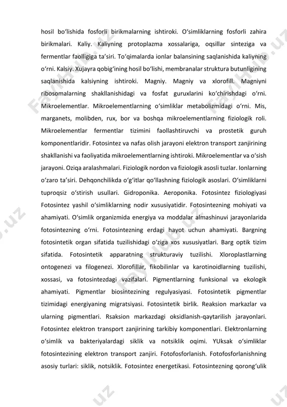 ilogenezi. xlorofillar, fikobilinlar va karotinoidlarning tuzilishi, xossasi, va fotosintezdagi vazifalari. pigmentlarning funksional va ekologik ahamiyati. pigmentlar biosintezining regulyasiyasi. fotosintetik pigmentlar tizimidagi energiyaning migratsiyasi. fotosintetik birlik. reaksion markazlar va ularning pigmentlari. rsaksion markazdagi oksidlanish-qaytarilish jarayonlari. fotosintez elektron transport zanjirining tarkibiy komponentlari. elektronlarning o‘simlik va bakteriyalardagi siklik va notsiklik oqimi. yuksak o‘simliklar fotosintezining elektron transport zanjiri. fotofosforlanish. fotofosforlanishning asosiy turlari: siklik, notsiklik. fotosintez energetikasi. fotosintezning qorong‘ulik bosqichlari. s3 va s4 - o‘simliklarda s02 gazining birlamchi akseptorlari tabiati. akseptorlarining regeneratsiyasi. kalvin sikli. xetch - slek sikli va sam metabolizmi. fotosintez ekologiyasi. fotosintezning tashqi sharoit va organizm holatiga bog‘liqligi. fotosintetik jarayonlarning sutkalik va mavsumiy ritmlari. turli ekologik guruhga mansub o‘simliklar fotosintezining o‘ziga xos xususiyatlari. sanoat fitotronikasi va yopiq tizimlar sharoitida fotosintez. fotosintez va o‘simliklarning umumiy mahsuldorligi. nafas olish jarayoni, uning moddalar almashinuvidagi o‘rni nafas olish haqidagi ta’limotlarning rivojlanish tarixi. hujayrada oksidlanish- qaytarilish jarayonlari va ularning mexanizmlari. biologik oksidlanish. nafas olishning biologik ahamiyati. nafas olishning …