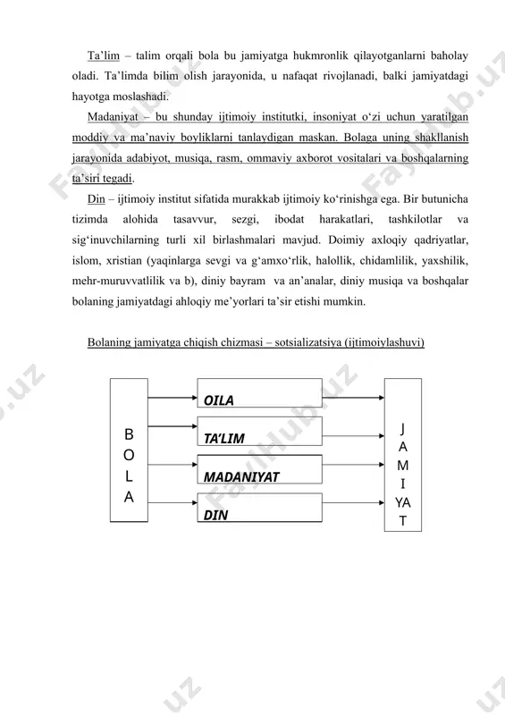 an faoliyat kiradi. ichki omillarga esa biologik, irsiy omillar kiradi. rivojlanish jarayonida bola faoliyatning har xil turlariga jalb qilinadi (o‘yin, mehnat, o‘quv, sport va b) va muloqotga kiradi (ota-ona, tengdoshlar, begona kishilar va b. bilan). bunda u o‘ziga xos bo‘lgan faollikni namoyon etadi. bu muayyan bir ijtimoiy tajribani egallashga yordam beradi. bola rivojlanishining har bir davri uchun faoliyat turlaridan biri asosiysi, yetakchisi bo‘ladi. bir tur boshqasi bilan almashtiriladi, biroq har bir faoliyatning yangi turi oldingisining ichida yuzaga keladi. bola tug‘ilishidan boshlab normal rivojlanishi uchun muloqot muhim ahamiyatga ega. faqatgina muloqot jarayonida bola inson nutqini o‘zlashtirib olishi mumkin. bu o‘z navbatida bola faoliyatida va atrof-muhitni bilish va o‘zlashtirishda yetakchi vazifani bajaradi. shaxs rivojlanishi harakatlantiruvchi kuchlari bo‘lib bola ehtiyoji va uni qoniqtirish imkoniyati o‘rtasida yuzaga keladigan qarama-qarshiliklar hisoblanadi. insondagi biologik va ijtimoiy omillar – bu bir-biriga bog‘liq bo‘lmagan ikki parallel chiziqlar emas. har bir shaxsda ular shunday chambarchas qo‘shilib ketadiki, ularning farqlari …