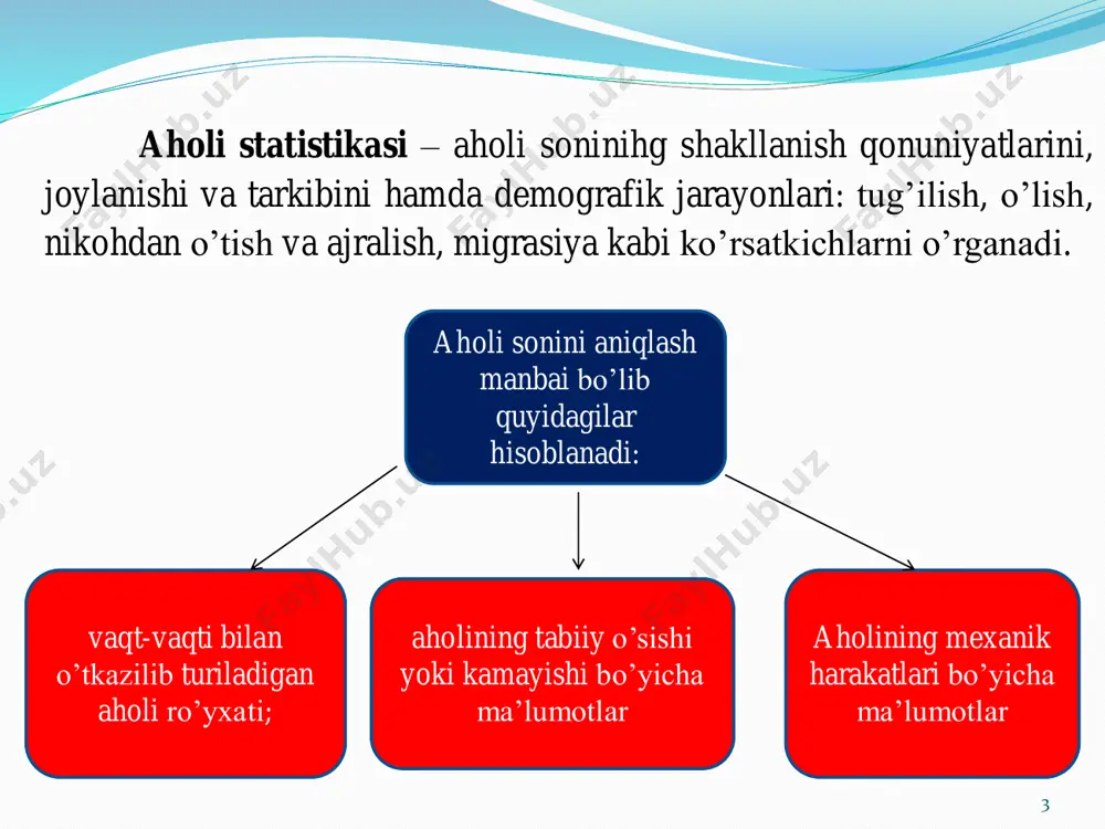 bal usulda hisoblashda aholining yil boshidagi soni(a0), tabiiy o’zgarish(kto’) yoki umumiy o’zgarishi koeffitsientlari boshlang’ich ma’lumot vazifasini bajaradi. hisoblash quyidagicha bajariladi: 14           '2 1 ' 01 1 1 to to к к аа           '2 1 ' 12 1 1 to to к к аа bu erda a1 va a0-aholining joriy yil oxiridagi va keyingi yil boshidagi soni; 'tok -tabiiy o’zgarish (yoki umumiy o’zgarish) koeffitsientlari; 15 10 '2 1 ' 1          а k k to to 101  aa - joriy yilda aholi sonining qo’shimcha o’zgarishi, ya’ni 21 '2 1 ' 1          а k k to to - keyingi yilda qo’shimcha o’zgarishi lozim bo’lgan aholi soni, ya’ni 212  aa yoshni siljitish usulida aholining …