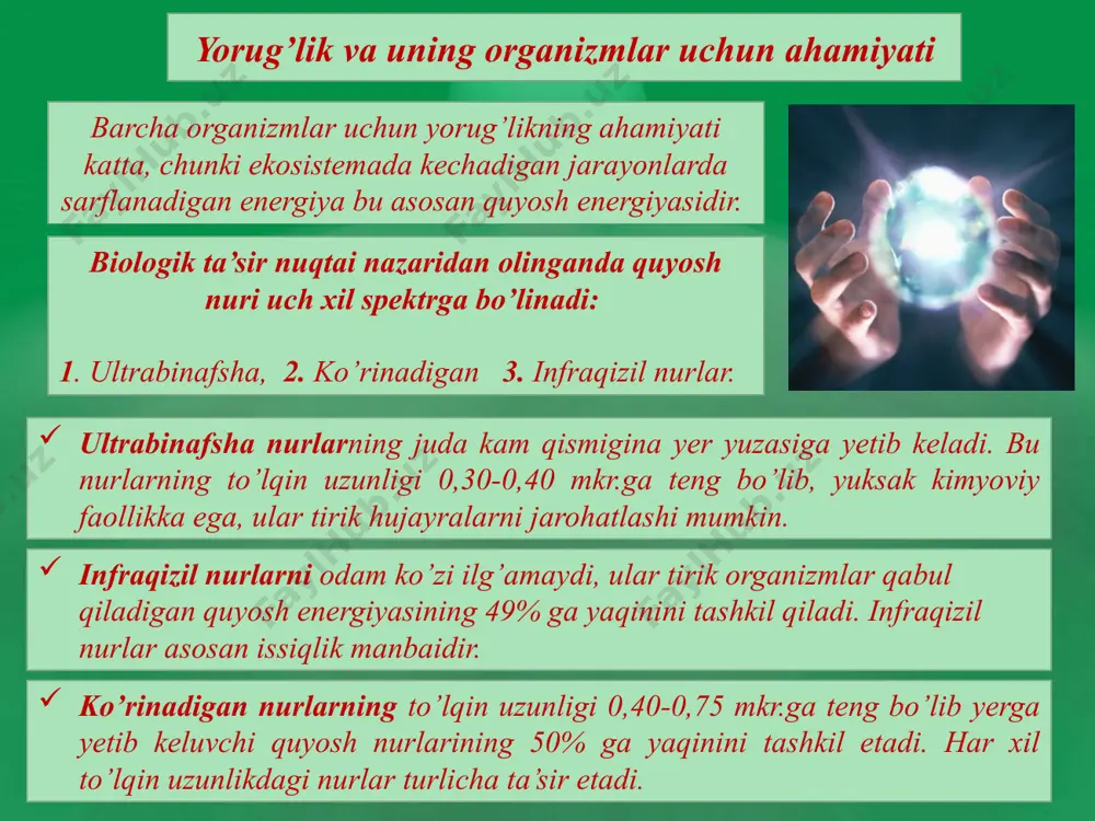 moddalar almashinishi susayadi, o’simliklar bargini to’kadi. qishki tinim davri hasharotlarda, suvda ham quruqlikda yashovchilarda, sudralib yuruvchilarda va boshqa hayvonlarda kuzatiladi. ko’pgina qushlar issiq mamlakatlarga migratsiya qiladi. kun uzunligi hayvonlarning o’sishi va rivojlanishiga ham katta ta’sir ko’rsatadi. masalan, bizda ko’p boqiladigan ipak qurti qisqa kunda yaxshi rivojlanadi. bioritm fotoperiodizm asosida o’simlik va hayvonlarda evolyutsiya davomida maxsus davriy takrorlanib turuvchi biologik ritmlar paydo bo’lgan. biologik ritmlar - biologik jarayonlar jadalligining davriy takrorlanuvchi o’zgarishidir. biologik ritmlar kecha-kunduz, mavsumiy va yillik bo’lishi mumkin. masalan, kecha-kunduz bioritmlariga o’simliklarda sutka davrida fotosintezning o’zgarishini hayvonlarda harakatning, garmonlar sekretsiyasining, hujayra bo’linishi tezligining o’zgarishlarini misol qilib olish mumkin. odamda ham nafas olish tezligi, arterial bosim va shunga o’xshash jarayonlar kecha-kunduz davomida ritmik o’zgarib turadi. adabiyotlar ro’yxati karimov i.a. «o’zbekiston xxi asr bo’sag’asida: xavfsizlikka tahdid, barqarorlik shartlari va taraqqiyot kafolatlari». t.: “o’zbekiston” 1997 to’xtayev a. «ekologiya» t. 1998 shodimetov y. «ijtimoiy ekologiyaga kirish». t. o’qituvchi. 1994 otaboyev sh va boshqalar. …