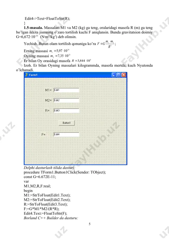 stcall tform1::button1click(tobject *sender) { float a,b,s; a=strtofloat(edit1->text); b=strtofloat(edit2->text); s=a div b; edit3->text=floattostr(s); } 1.12-masala. n/m ifodani hisoblashda hosil bo’ladigan qoldiqni toping. yechish. qoldiqni z bilan belgilasak, u holda formula bilan hisoblanadi. delphi dasturlash tilida dasturi: procedure tform1.button1click(sender: tobject); var n,m,r:integer; begin n:=strtoint(edit1.text); m:=strtoint(edit2.text); r:=n mod m; edit3.text:=inttostr(r); end; borland c++ builder da dasturu: void __fastcall tform1::button1click(tobject *sender) { float n,m,r; n=strtofloat(edit1->text); m=strtofloat(edit2->text); r= n mod m; edit3->text=floattostr(r); } 1.13-masala. sonni berilgan aniqlikda yaxlitlang. yechish. a sonni n ta o’nli xonalar aniqligida yaxlitlash uchun formuladan foydalanamiz. delphi dasturlash tilida dasturi: procedure tform1.button1click(sender: tobject); var a,n,b:real; begin a:=strtofloat(edit1.text); n:=strtofloat(edit2.text); b:=int(a*exp(n*ln(10))+0.5)/exp(n*ln(10)); edit3.text:=floattostr(b); end; borland c++ builder da dasturu: void __fastcall tform1::button1click(tobject *sender) { float a,n,b; a=strtofloat(edit1->text); n=strtofloat(edit2->text); b=int(a*exp(n*ln(10))+0.5)/exp(n*ln(10)); edit3->text=floattostr(b); } 1.14-masala. berilgan burchakni radian o’lchovidan gradus o’lchoviga o’tkazing. yechish. a gradusga teng burchakni radian o’lchoviga ushbu formula yordamida o’tkaziladi. delphi dasturlash tilida dasturi: procedure tform1.button1click(sender: tobject); var alfa,k:real; begin alfa:=strtofloat(edit1.text); k:=alfa*pi/180; edit2.text:=floattostr(k); end; …