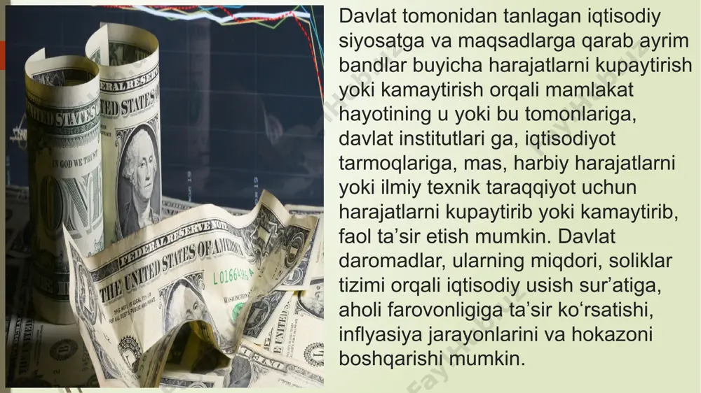 iy taraqqiyoti, aholi turmushi darajasi va sifatini oshirish uchun moliyaviy sharoitlarni yaratish moliyaviy siyosatning asosiy maqsadidir. moliyaviy siyosat dasturlarini (uzoq, o‘rta va qisqa muddatli) bajarish uchun moliyaviy resurslarni jalb qilish, ularni taqsimlash va qayta taqsimlashga yo‘naltirilgan davlat tadbirlari majmui ta’minlaydi. bu tadbirlar orasida moliyaviy munosabatlarning shakllari va normalarini huquqiy tartibga solish muhim o‘rin egallaydi. 0‘z-o‘zidan moliyaviy siyosat yaxshi yoki yomon bo‘lishi mumkin emas. uning yaxshi yoki yomon ekanligi jamiyat (yoki uning ma’lum bir qismi) manfaatlariga qanchalik muvofiqligi va quyilgan maqsadlarga erishish hamda aniq vazifalarning yechilishiga qay darajada ta’sir ko'rsatganligi bilan belgilanadi. hukumatning moliyaviy siyosatiga baho berish uchun va uni o'zgartirish bo‘yicha tavsiya berish uchun, birinchi navbatda, butun jamiyat manfaatlari va aholining alohida guruhlari manfaatlarini ajratgan holda jamiyat taraqqiyotining aniq dasturiga, yechilishi lozim bo'lgan masalalarning muddatlari va metodlarini aniqlagan holda istiqboldagi va yaqin yillardagi vazifalarning tavsifiga ega bo‘lmoq lozim. faqat ana shunday sharoitdagina moliyaviy siyosatni amalga oshirishning konkret mexanizmini ishlab chiqish …
