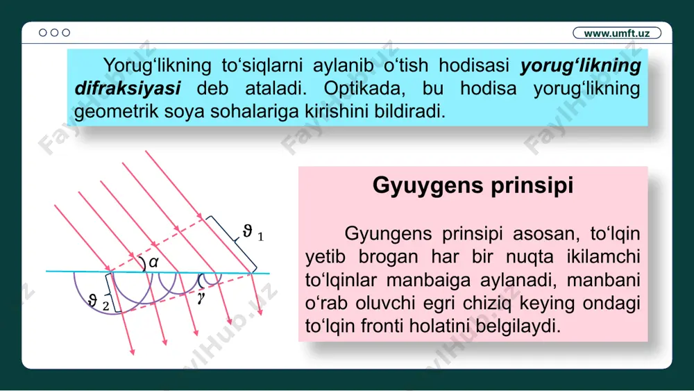 kranning b nuqtasida yorug‘lik amplitudasi: “+“ ishora frenel sohalarining toqlari ochilganda, “-” ishora esa juft sohalar ochilganda e b b www.umft.uz b nuqtada doimo, birinchi ochilgan frenel sohasi yarmining ta’siriga tegishli interferensiya maksimumi kuzatiladi. markaziy maksimum yorug‘ va qorong‘u halqalar kuzatiladi. (- e ekranning b nuqtasidagi yorug‘likning amplitudasi quyidagicha bo‘ladi b e dumaloq diskdagi frenel difraksiyasi www.umft.uz difraksiyaviy spektr cheksiz uzun teshikdagi fraungofer difraksiyasi frenel sohalari soni juft bo‘lganda: difraksiya maksimumi kuzatilishi sharti asinφ=±2m frenel sohalari soni toq bo‘lganda: difraksiya maksimumi kuzatilishi sharti asinφ=±2m www.umft.uz amplituda maksimal bo‘ladigan yo‘nalishlar =± (m=1,2,3, …) amplituda nolga teng bo‘ladigan yo‘nalishlar difraksiya natijasida ekranda olinadigan jadalliklar taqsimoti difraksion spektr deb ataladi. tirqish oq nur bilan yoritilganda markaziy maksimum oq yo‘l ko‘rinishida kuzatiladi. yondoshgan maksimumlar rangbarang bo‘lib, difraksiya manzarasi markazida binafsha rangida bo‘ladi. www.umft.uz e difraksion panjarada fraungofer difraksiyasi bir o‘lchamli difraksion panjara ─ bir tekislikda yotgan va bir xil qalinlikdagi tiniq bo‘lmagan oraliqlar bilan …