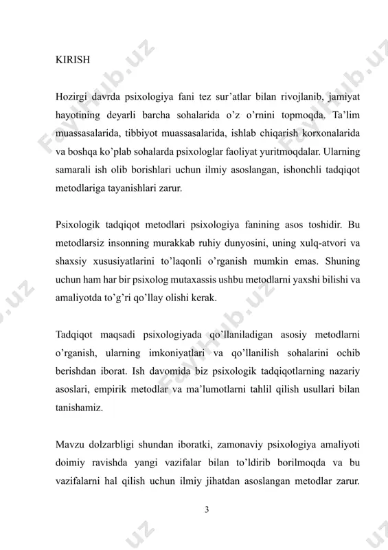 gilab beradi. psixologik tadqiqotlarda quyidagi asosiy metodologik yondashuvlar mavjud: birinchidan, determinizm printsipi. bu printsip barcha psixik hodisalarning o’z sabablari borligini ta’kidlaydi. hech bir psixik hodisa o’z-o’zidan, sababsiz yuzaga kelmaydi. masalan, agar bola maktabda yomon o’qiyotgan bo’lsa, buning aniq sabablari bor: qobiliyatining yetishmasligi, motivatsiyaning zaif bo’lishi, o’qituvchi bilan munosabatlar, oiladagi vaziyat va boshqalar. ikkinchidan, rivojlanish printsipi. psixika doimiy o’zgaruvchan, rivojlanuvchi hodisa. bugun odamda mavjud bo’lgan psixik xususiyatlar bir necha yildan keyin butunlay o’zgarishi mumkin. shuning uchun ham tadqiqotda insonni rivojlanish dinamikasida o’rganish kerak. uchinchidan, tizimlilik printsipi. psixik hodisalarni alohida-alohida emas, balki bir-biri bilan bog’liq tizim sifatida ko’rib chiqish zarur. masalan, tafakkurni o’rganayotganda uni xotira, diqqat, emotsiyalar bilan bog’liq holda tahlil qilish lozim. to’rtinchidan, shaxsiy yondashuv printsipi. har bir inson o’ziga xos xususiyatlarga ega. shuning uchun tadqiqotda individual xususiyatlarni hisobga olish zarur. bitta metod barcha odamlar uchun bir xil samarali bo’lavermaydi. 1.3. psixologik tadqiqotlarda qo’llaniladigan asosiy prinsiplar psixologik tadqiqot o’tkazishda bir qancha …