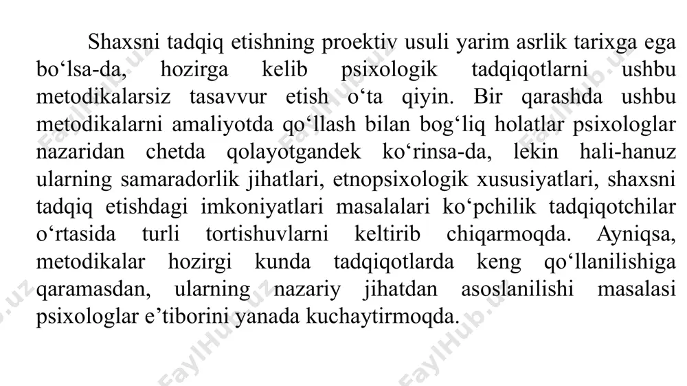 b ta’kidlaydi ye.t. sokolova ikkinchidan, sinaluvchi shaxslar javoblarini baholashda “to‘g‘ri” va “noto‘g‘ri” ko‘rinishidagi tegishli me’yorlarning mavjud emasligi. nimani chizsa, u shundayligicha tahlil qilinishi; uchinchidan, tadqiqotchida usulning empirik sinalishi va uning tahliliga nisbatan shubha uyg‘onishi ayrim holatlarda kuzatiladi, shu sababli natijalarni qalbakilashtirilish darajasi yoki o‘z-o‘ziga hisobot berish tarzidagi boshqa metodikalarga nisbatan past hisoblanadi; to‘rtinchidan, ushbu metodikalar qandaydir aniq sifatni, shaxsning belgilarini o‘lchamasdan, balki umumiy tarzda sinaluvchining kechinmalari, maqsadlari, orzularini o‘lchash amalga oshiriladi (a.f.korner 2000) [3, 44]; beshinchidan, psixologning natijalarni izohlashdagi ta’sirining yuqori darajadagi ehtimolligi. test topshiriqlari mazmuni va ularni izohlashdagi nazariya bilan psixolog batafsil tanish bo‘lishi talab qilinadi. proektiv testlashtirishda tashxis qo‘yishning samaradorligi psixologning tajribasi va malakasiga bog‘liq bo‘lishi qayd qilinadi. eng ahamiyatga molik jihat shuki, ko‘pchilik psixologlar hozirda proektiv metodikalarning boshqa shaxs testlaridan farqli jihati sifatida miqdoriy emas, balki sifat tahlili bilan belgilamoqda. tadqiqotchi ye.s. romanovaning aytishicha, proektiv metodikalarni standartlashtirishdagi murakkabliklar sifatida qo‘yidagilar olinmoqda[4,77]: 1. ko‘pgina holatlarda metodika natijalarini ob’ektiv …